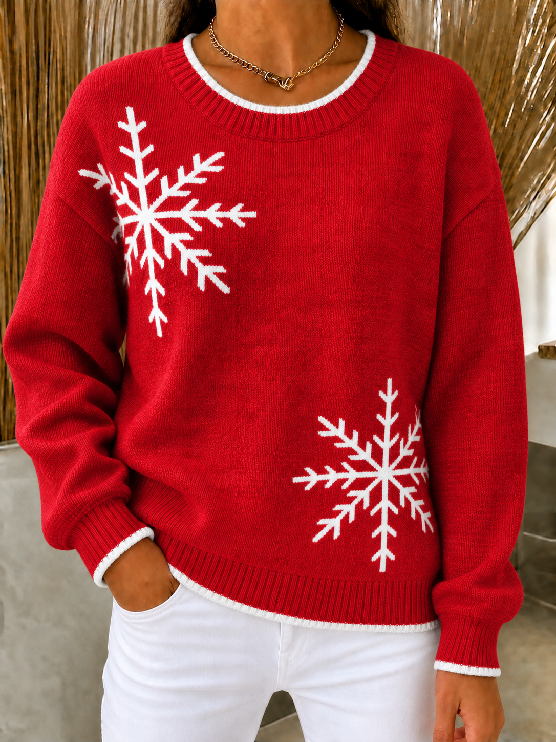 CHRISTMAS SALE🎄Women's Loose Fit Snowflake Crewneck Knit Sweater