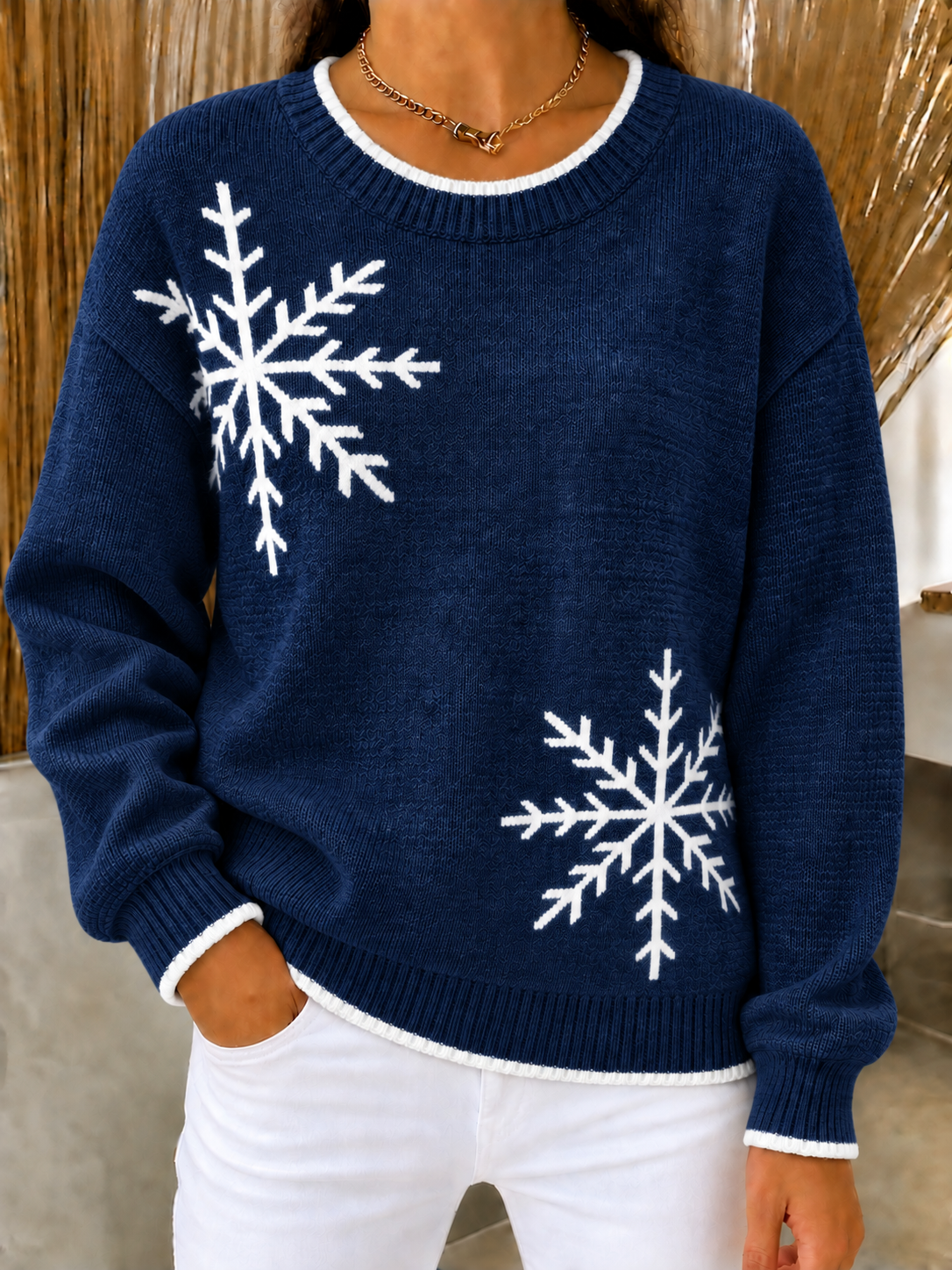 CHRISTMAS SALE🎄Women's Loose Fit Snowflake Crewneck Knit Sweater