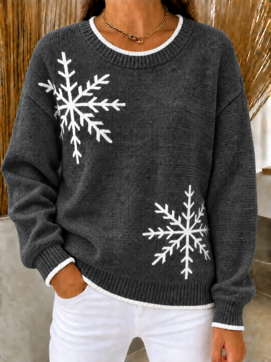 CHRISTMAS SALE🎄Women's Loose Fit Snowflake Crewneck Knit Sweater