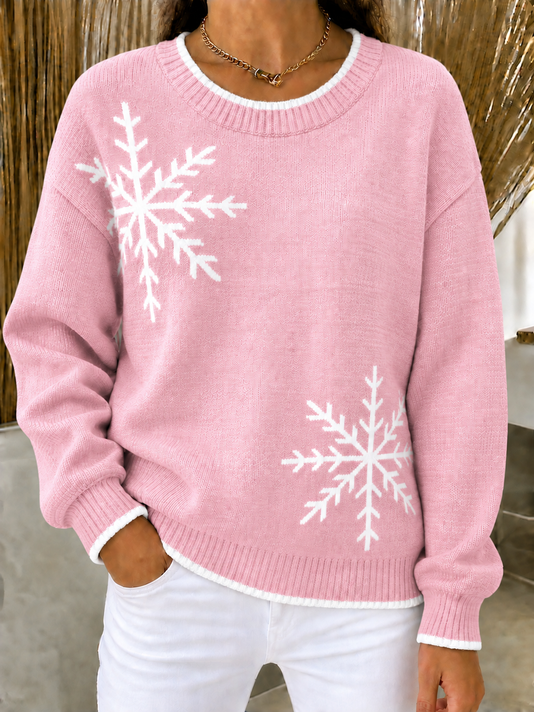CHRISTMAS SALE🎄Women's Loose Fit Snowflake Crewneck Knit Sweater