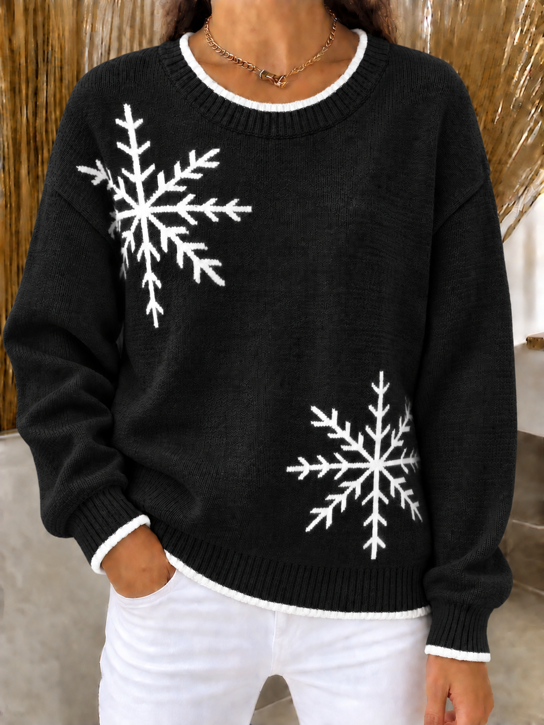 CHRISTMAS SALE🎄Women's Loose Fit Snowflake Crewneck Knit Sweater