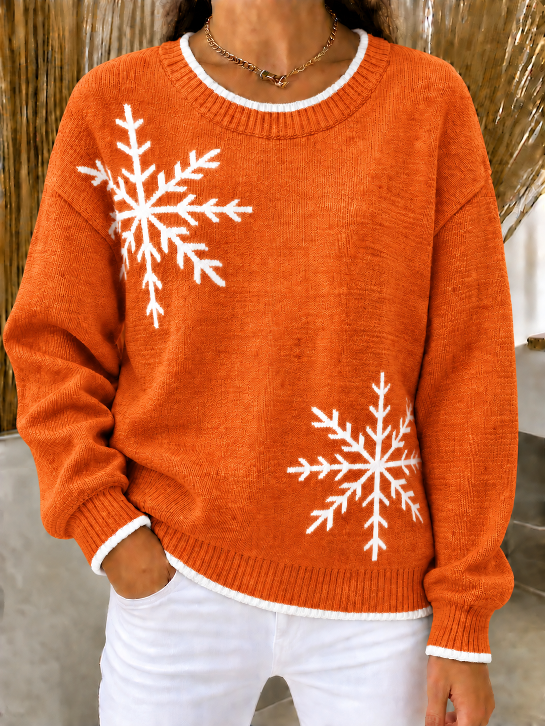 CHRISTMAS SALE🎄Women's Loose Fit Snowflake Crewneck Knit Sweater