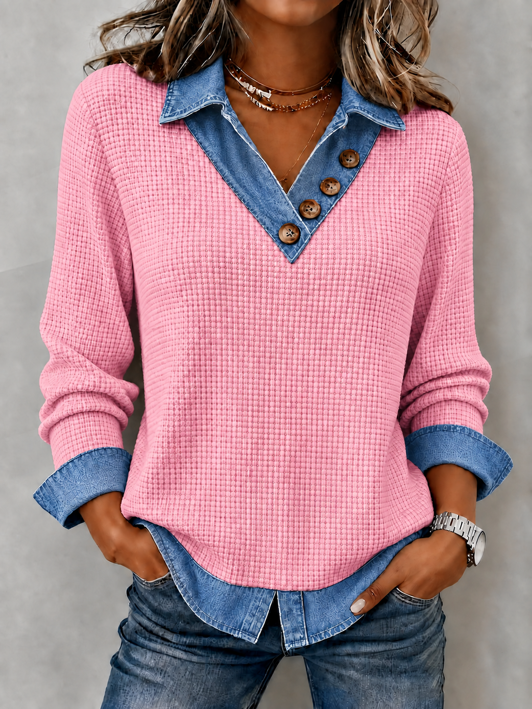 CLEARANCE SALE🔥Women's Denim Patchwork V-Neck Waffle Knit Top