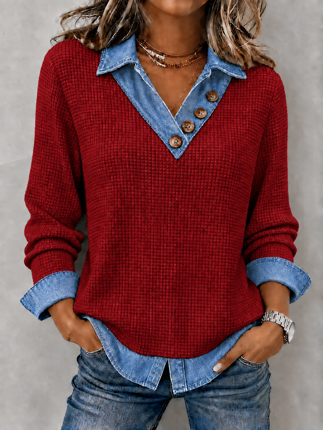 CLEARANCE SALE🔥Women's Denim Patchwork V-Neck Waffle Knit Top