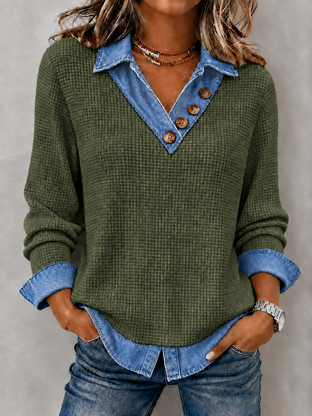 CLEARANCE SALE🔥Women's Denim Patchwork V-Neck Waffle Knit Top