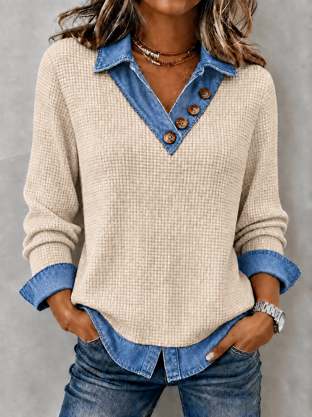 CLEARANCE SALE🔥Women's Denim Patchwork V-Neck Waffle Knit Top