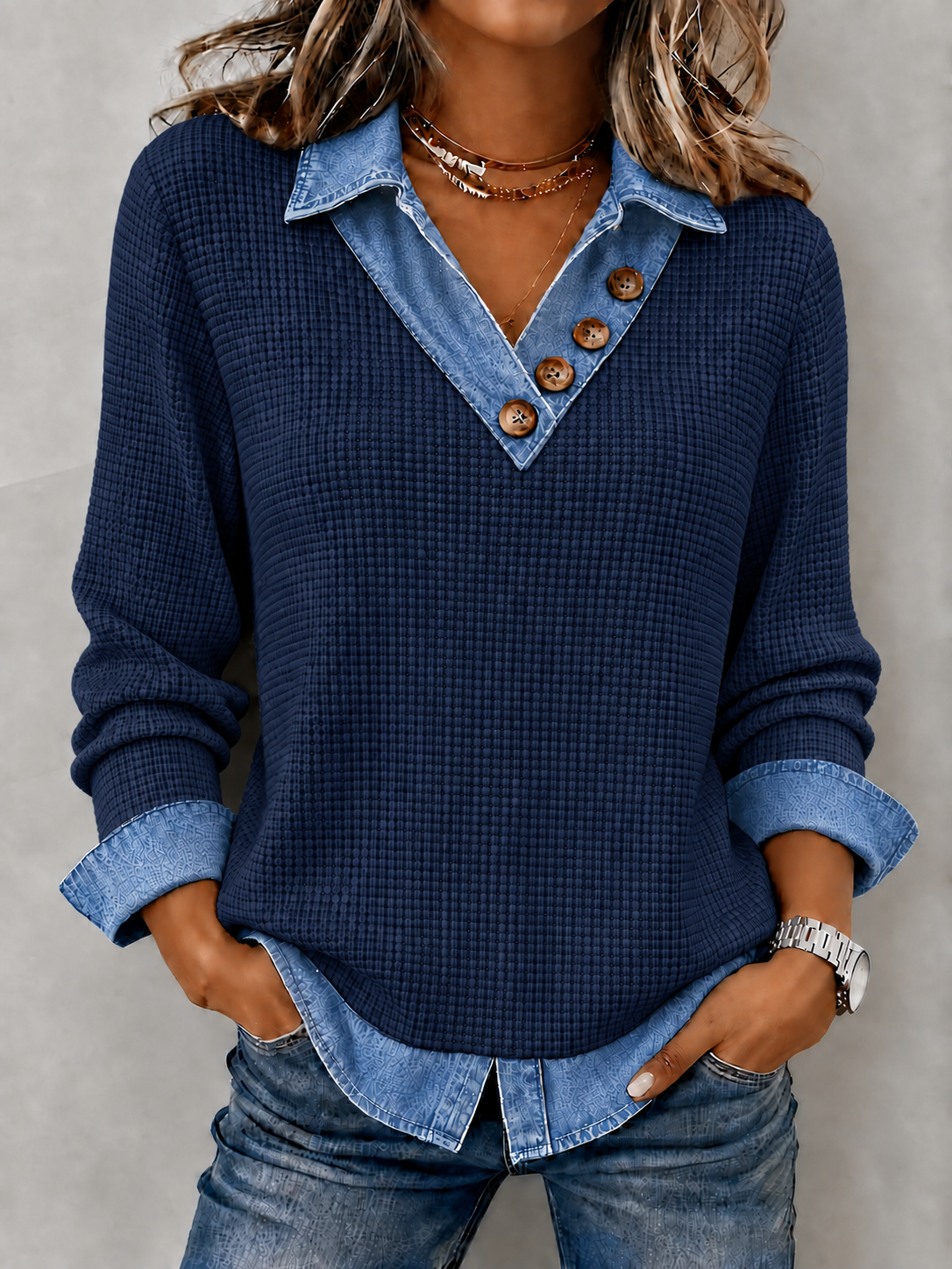CLEARANCE SALE🔥Women's Denim Patchwork V-Neck Waffle Knit Top