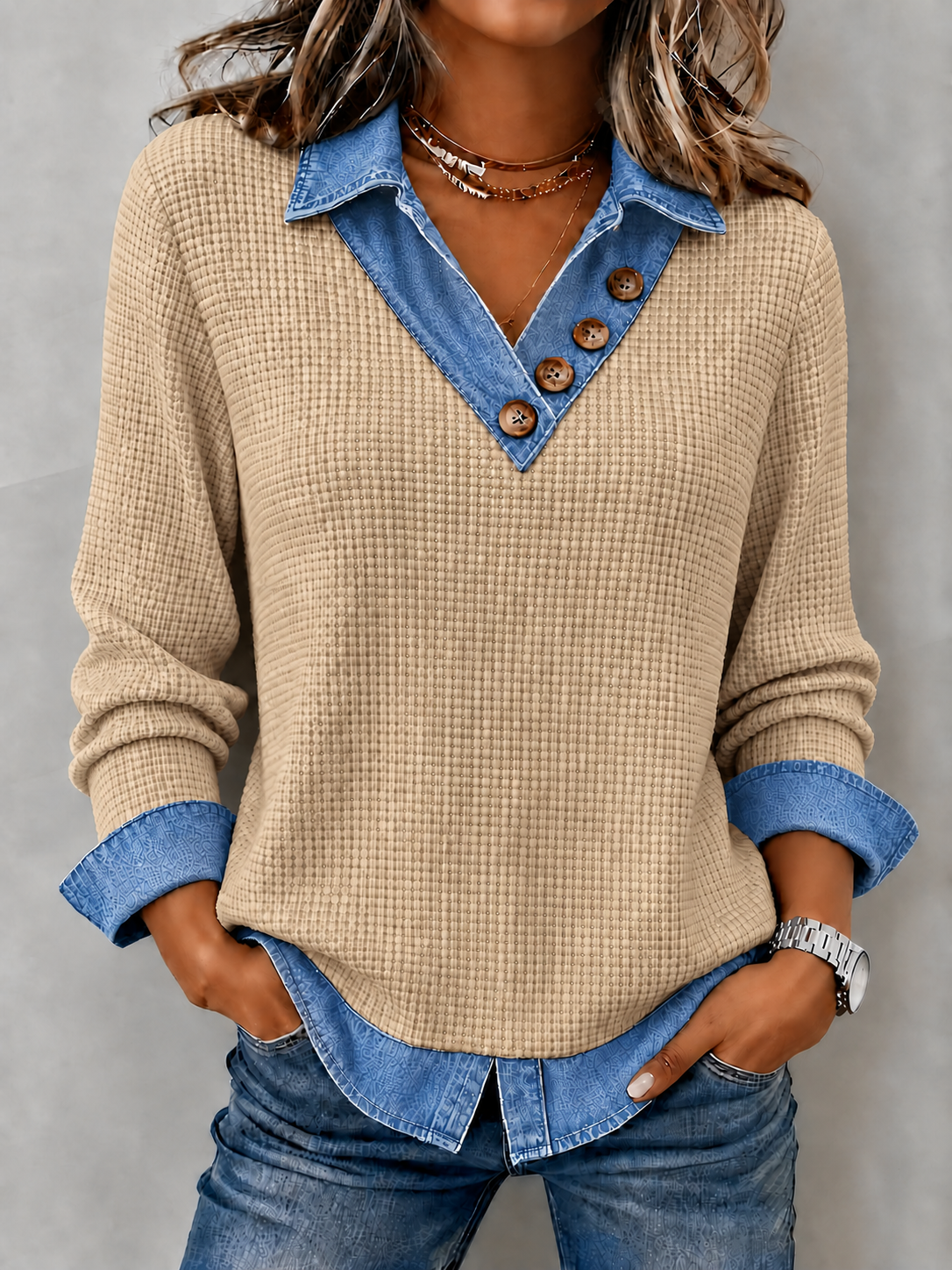 CLEARANCE SALE🔥Women's Denim Patchwork V-Neck Waffle Knit Top