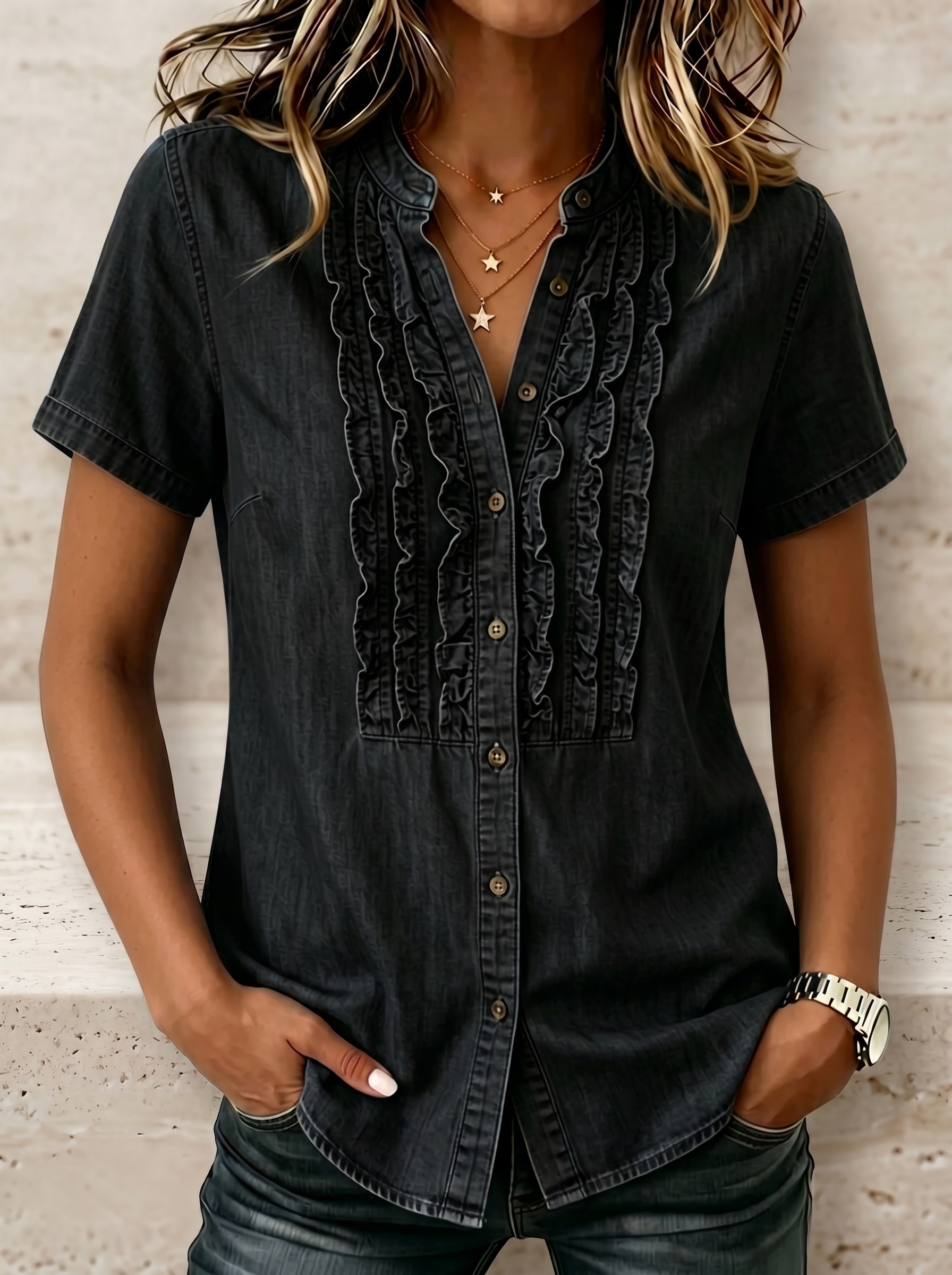 NEW🔥Women's V-neck Short-sleeved Casual Button-up Loose Denim Top