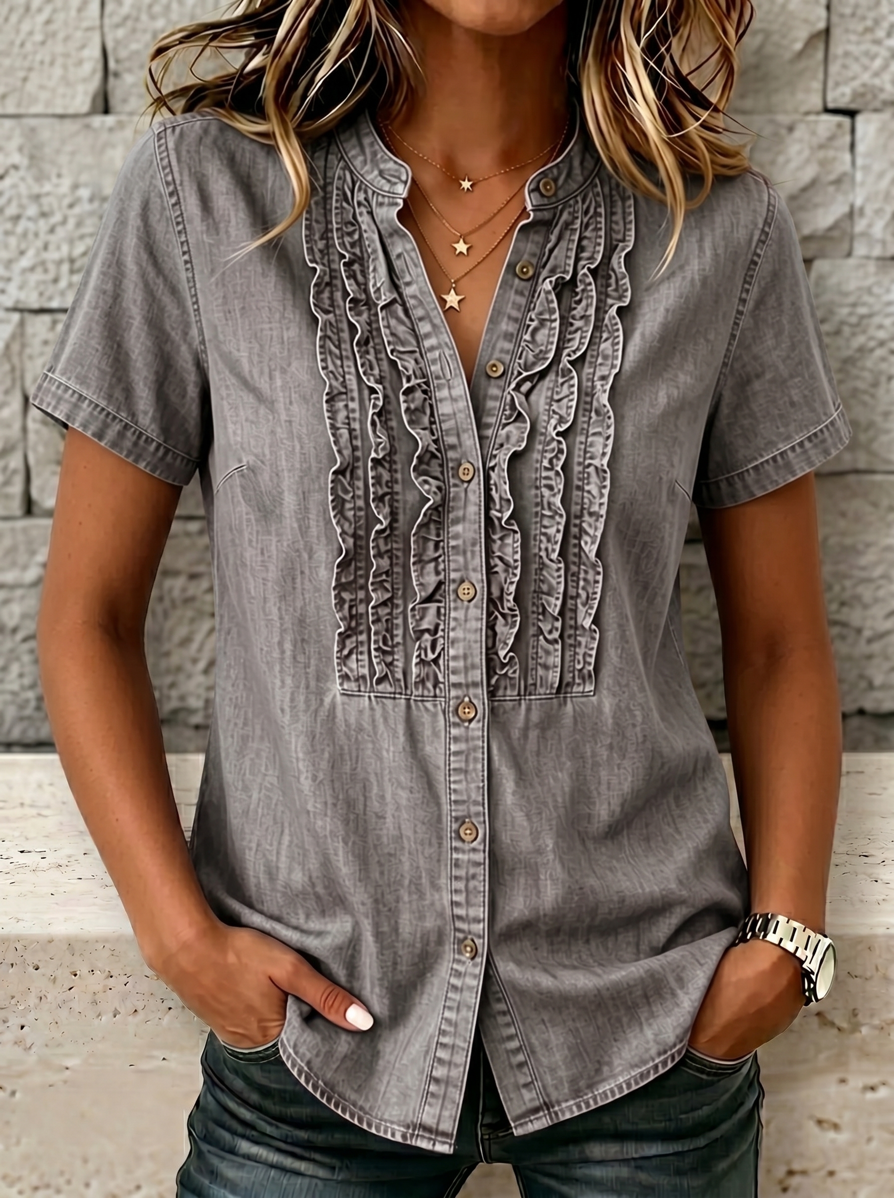 NEW🔥Women's V-neck Short-sleeved Casual Button-up Loose Denim Top
