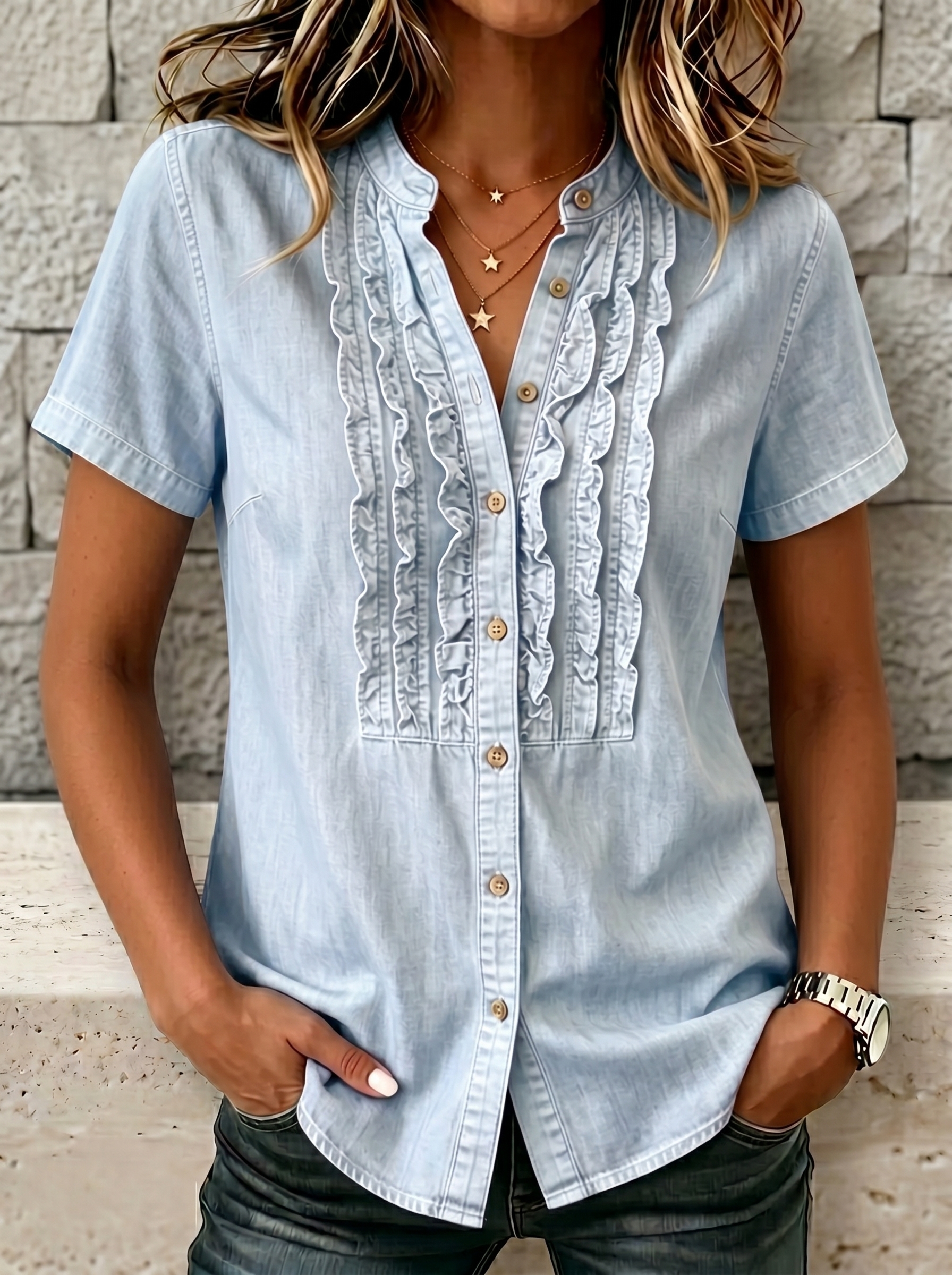 NEW🔥Women's V-neck Short-sleeved Casual Button-up Loose Denim Top