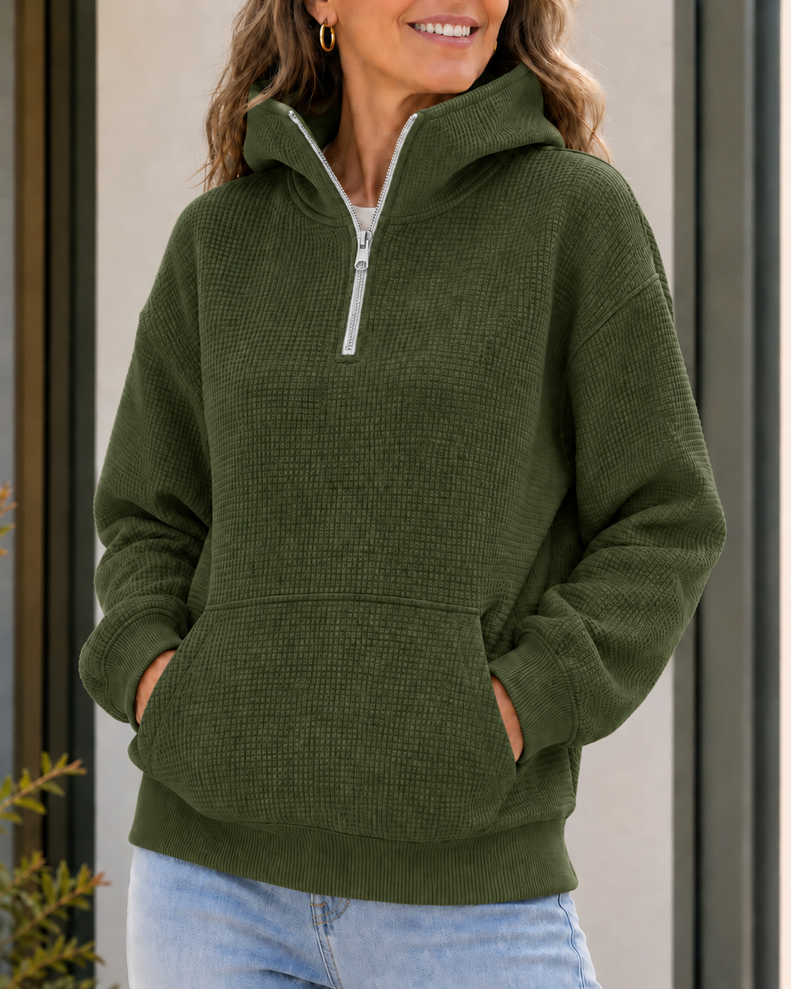 Clearance Sale 🔥 Women's Waffle-Knit Half-Zip Mock Neck Hoodie with Pockets