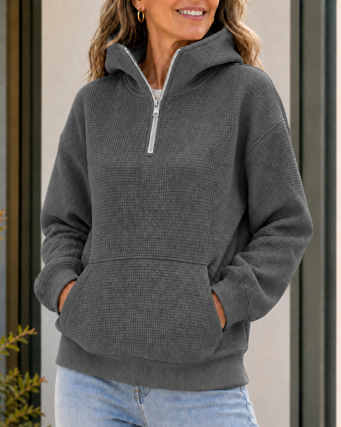 Clearance Sale 🔥 Women's Waffle-Knit Half-Zip Mock Neck Hoodie with Pockets