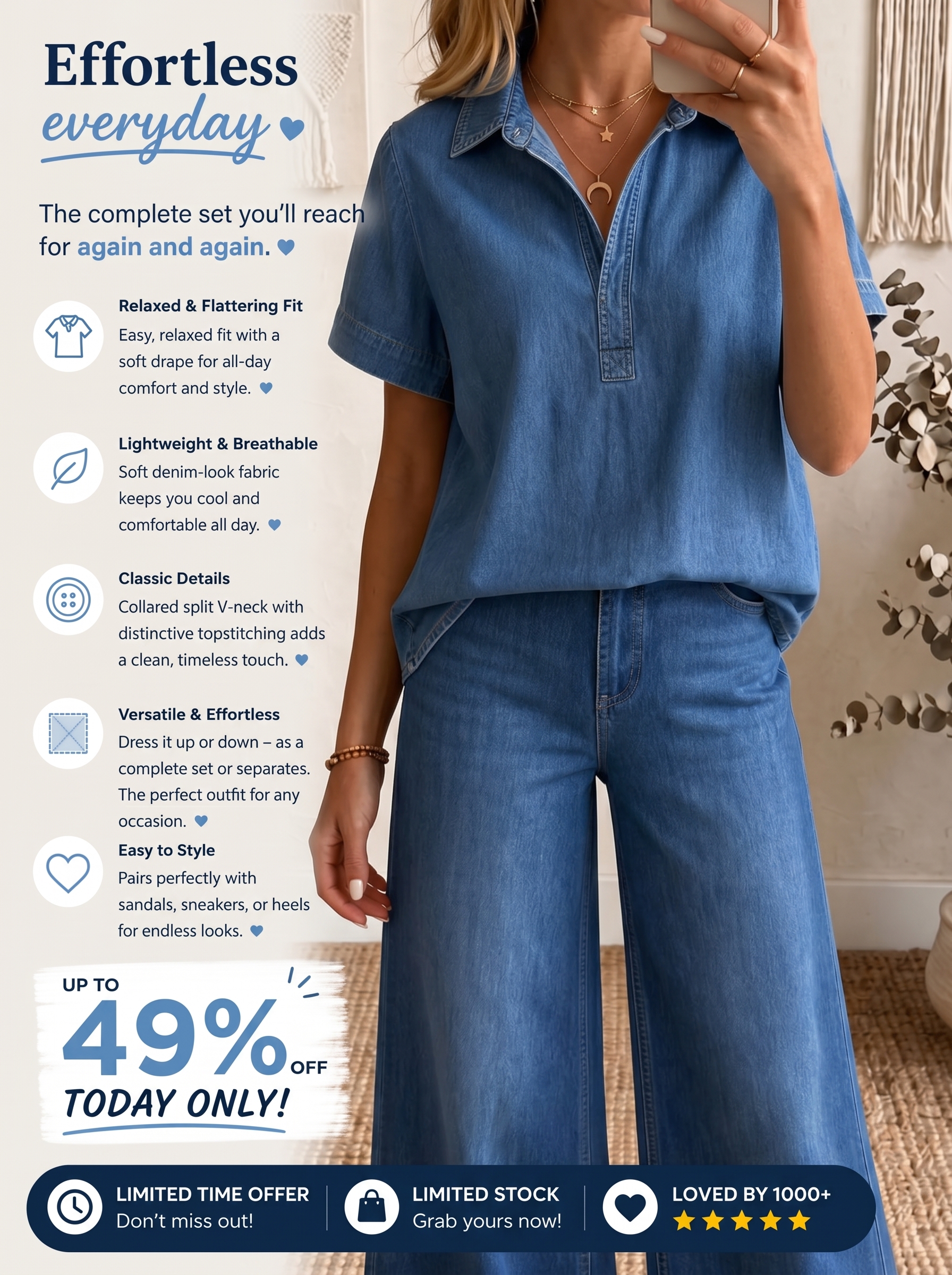 Today 49% off🔥Women’s Denim Short-Sleeve Top And Wide-Leg Pants Set
