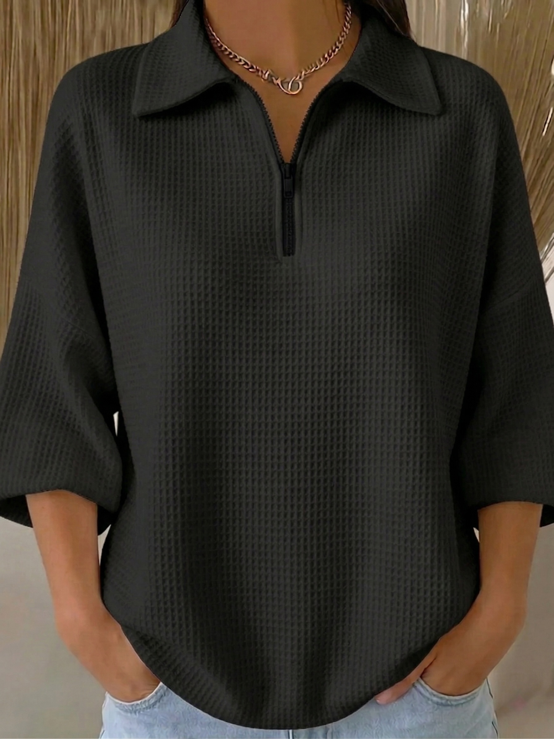 New Arrivals🔥 Women's Casual Polo Zipper 4/3 Sleeves Waffle-knit T-shirt