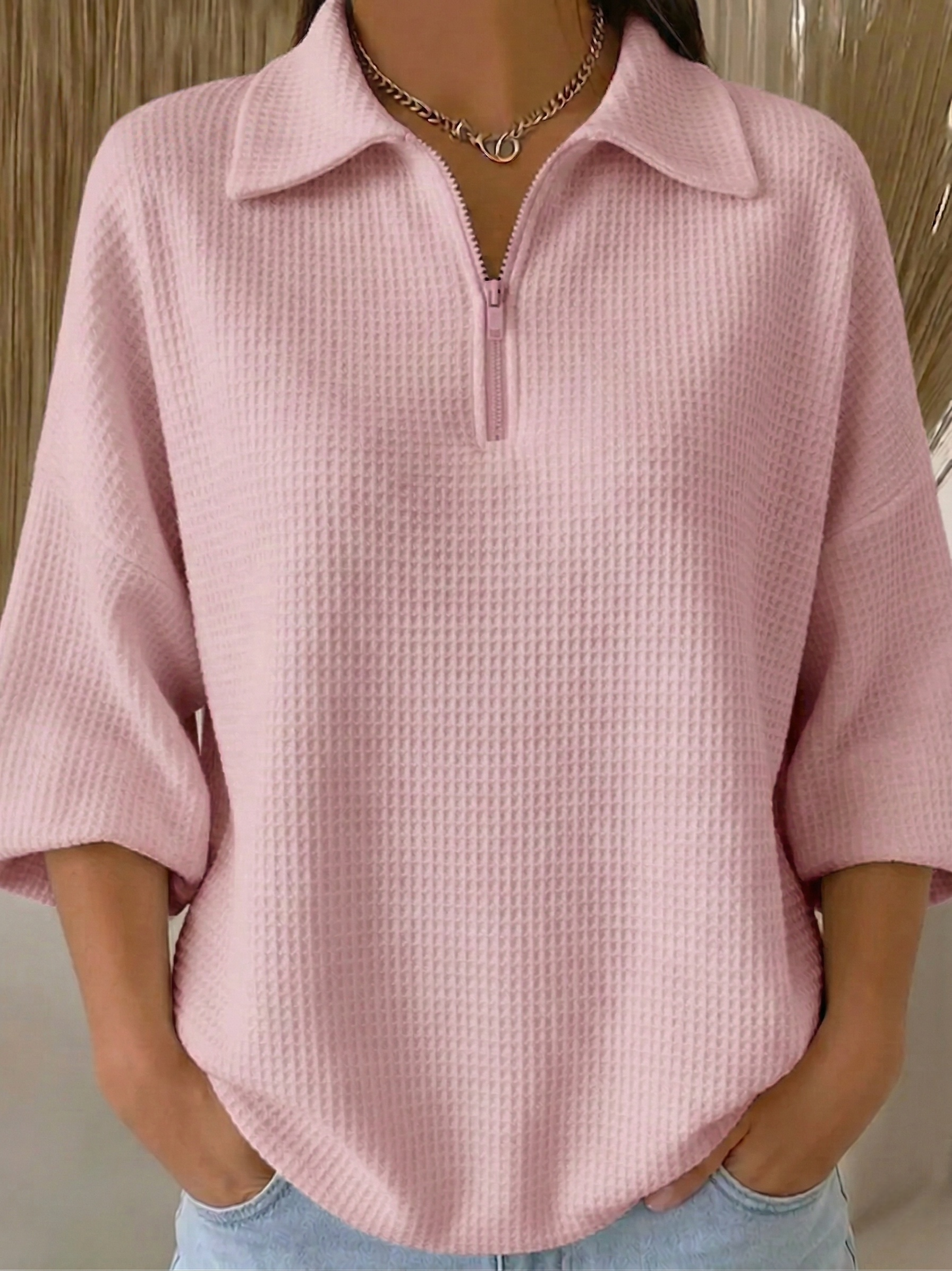 New Arrivals🔥 Women's Casual Polo Zipper 4/3 Sleeves Waffle-knit T-shirt