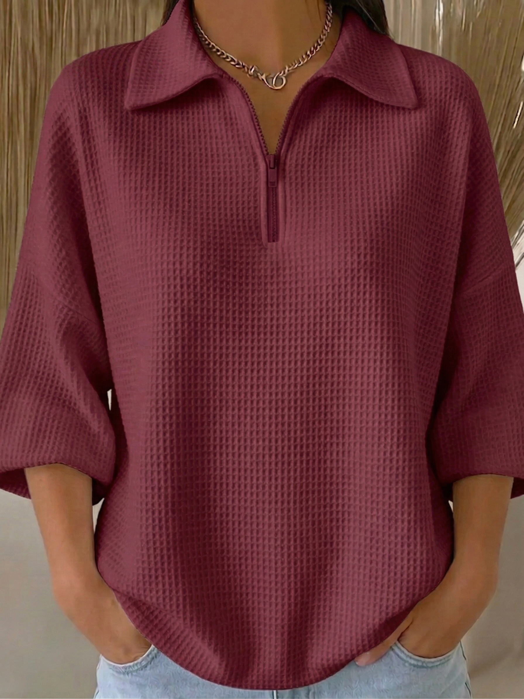 New Arrivals🔥 Women's Casual Polo Zipper 4/3 Sleeves Waffle-knit T-shirt