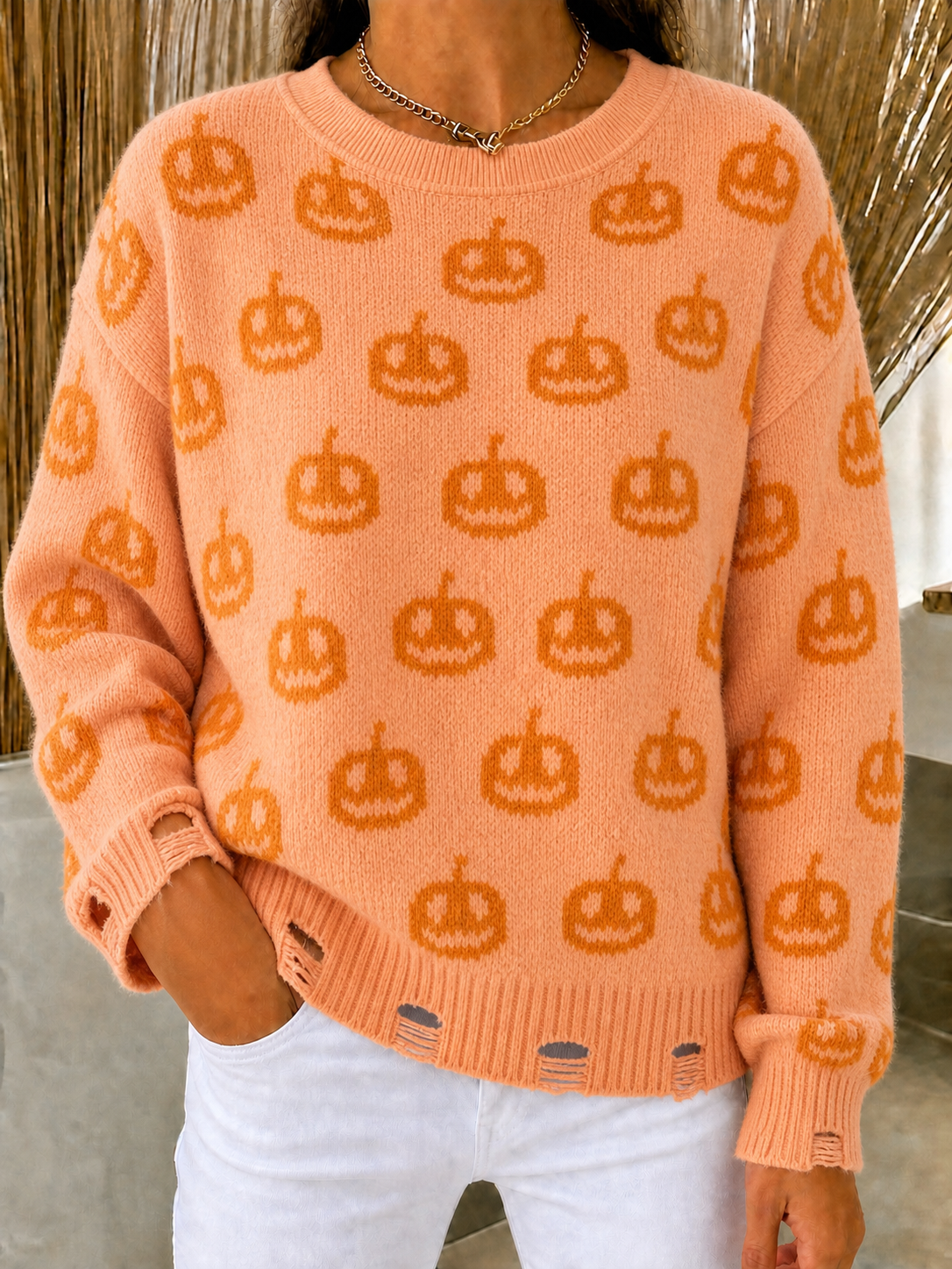 HALLOWEEN SALE🎃Women's Halloween Pumpkin Print Loose Fit Knit Sweater