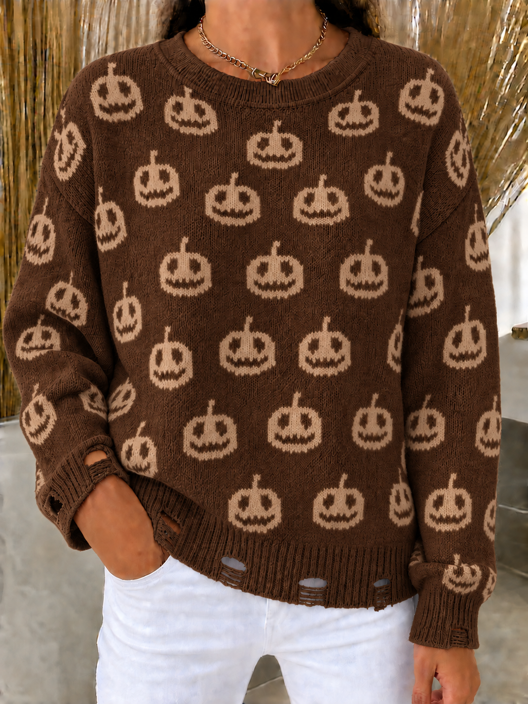 HALLOWEEN SALE🎃Women's Halloween Pumpkin Print Loose Fit Knit Sweater