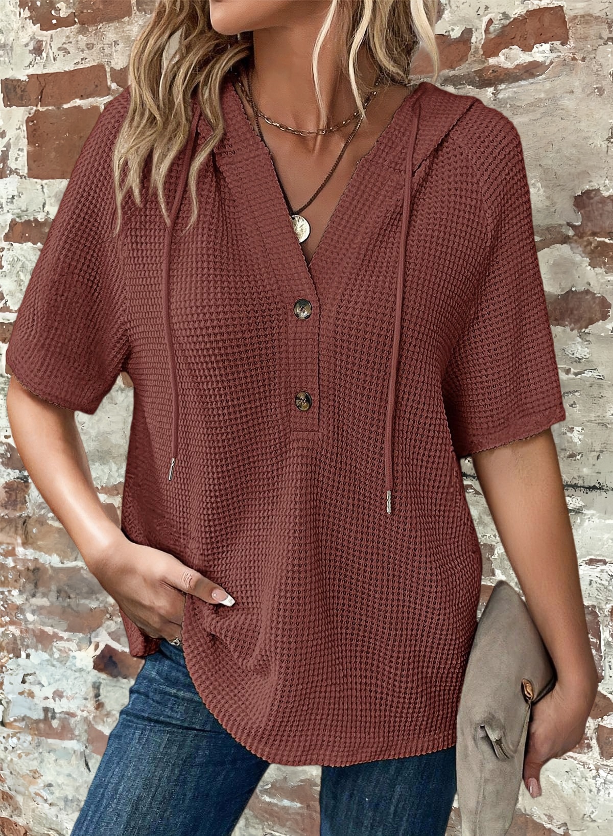 New Arrivals🔥Women's V-neck Casual Button-up Loose Waffle Knit Hoodie