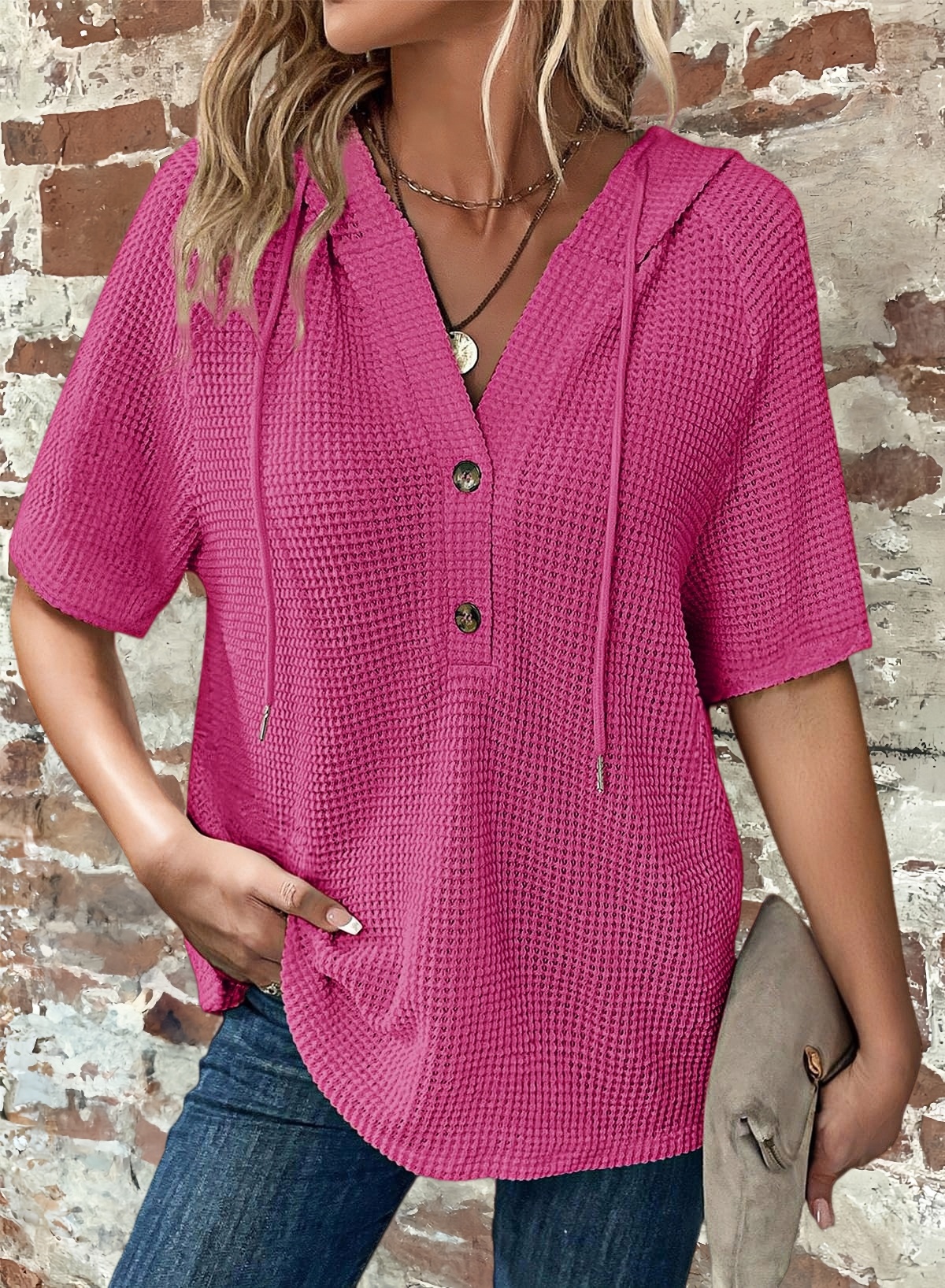 New Arrivals🔥Women's V-neck Casual Button-up Loose Waffle Knit Hoodie