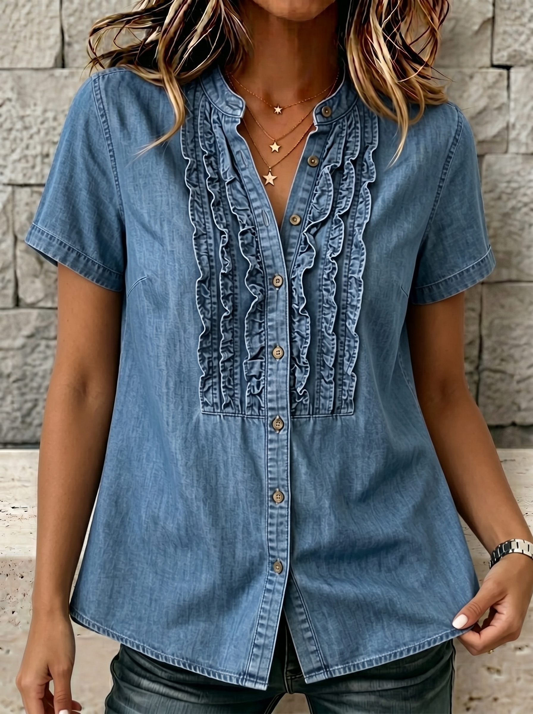 NEW🔥Women's V-neck Short-sleeved Casual Button-up Loose Denim Top