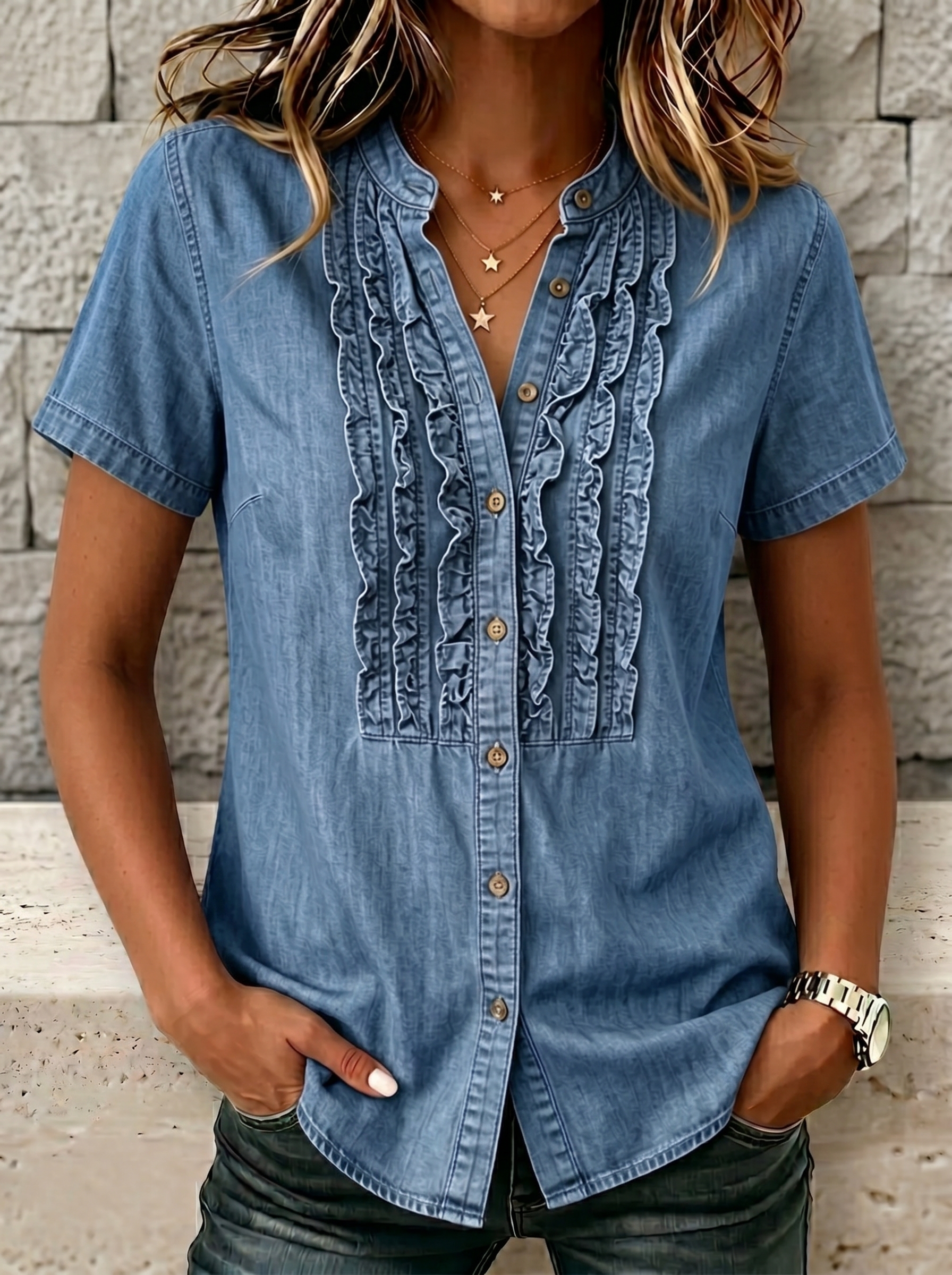 NEW🔥Women's V-neck Short-sleeved Casual Button-up Loose Denim Top