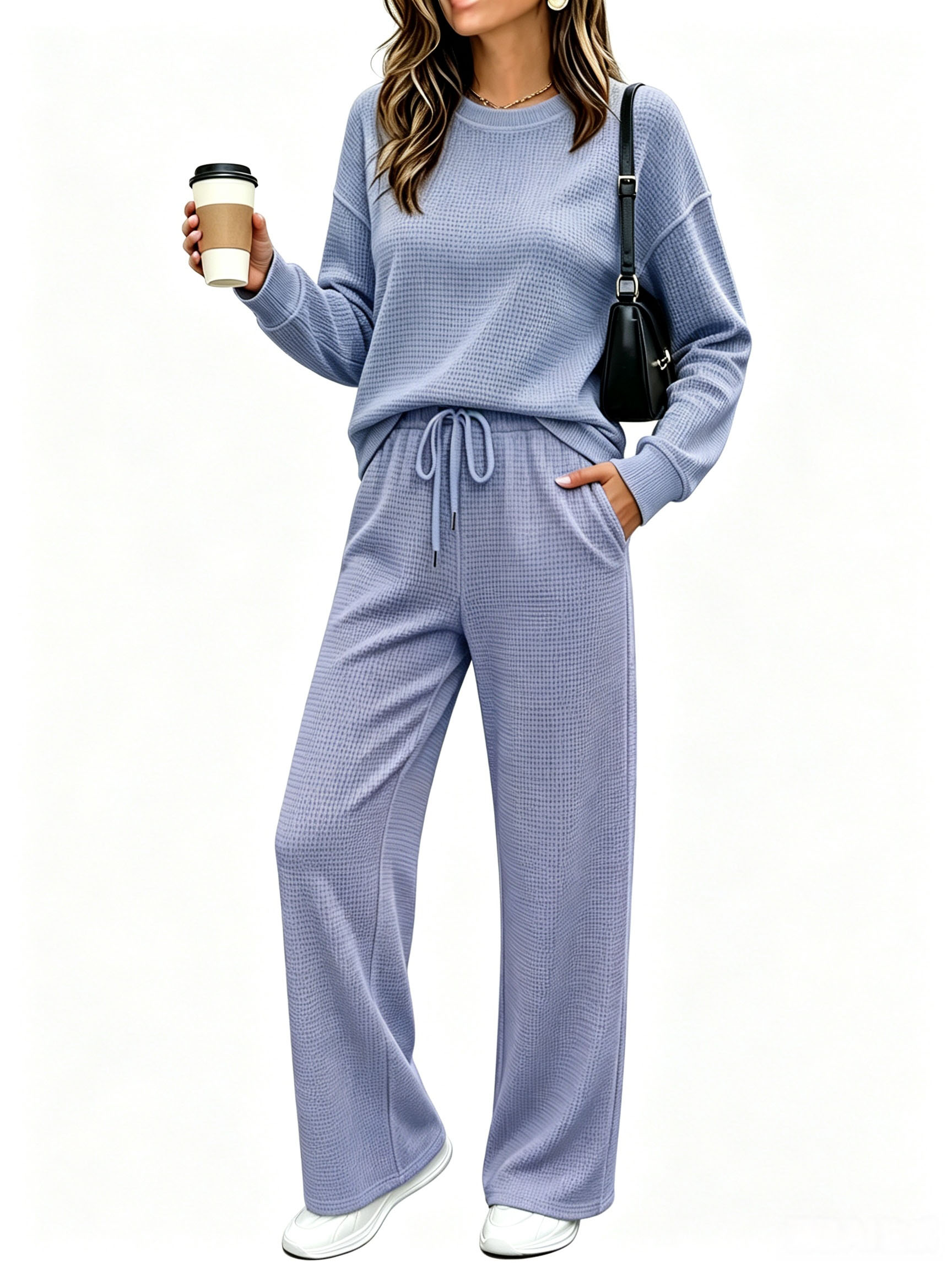 ⏰ LAST DAY SAVE 50% 💥Women's 2 Piece Sets Waffle Knit Crewneck Sweatshirt & Pants Casual Travel Outfits