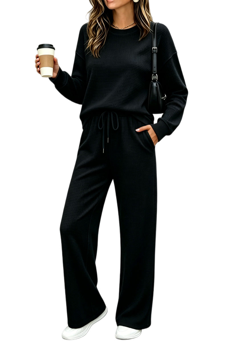 ⏰ LAST DAY SAVE 50% 💥Women's 2 Piece Sets Waffle Knit Crewneck Sweatshirt & Pants Casual Travel Outfits