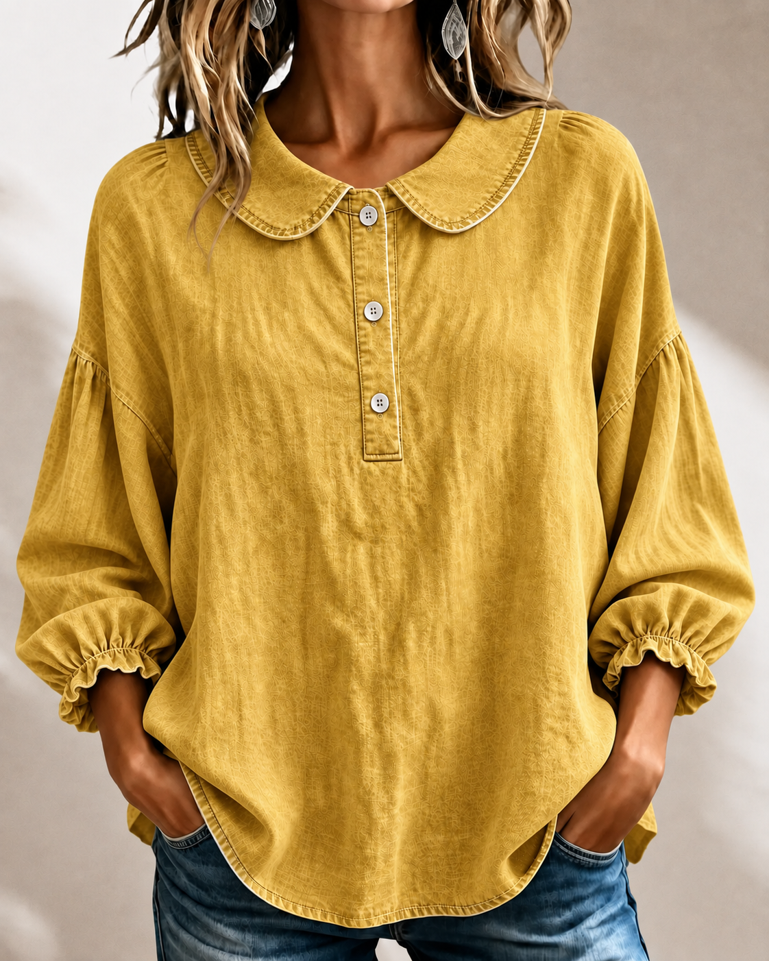 🔥CLEARANCE SALE🔥Women’s Denim Peter-Pan-Collar Three-Quarter Sleeve Top