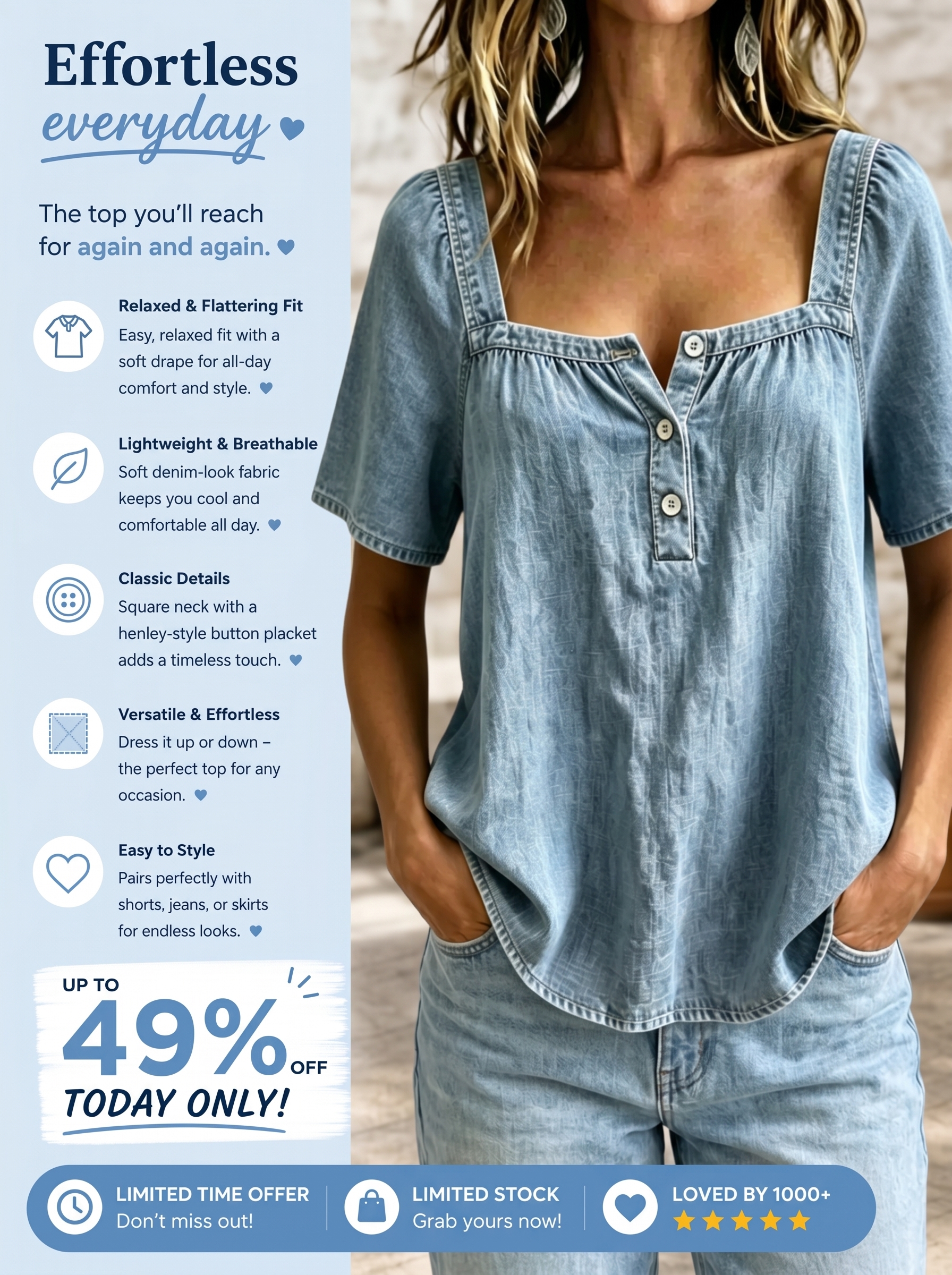 Today 49% off🔥Women’s Denim Square-Neck Short-Sleeve Top