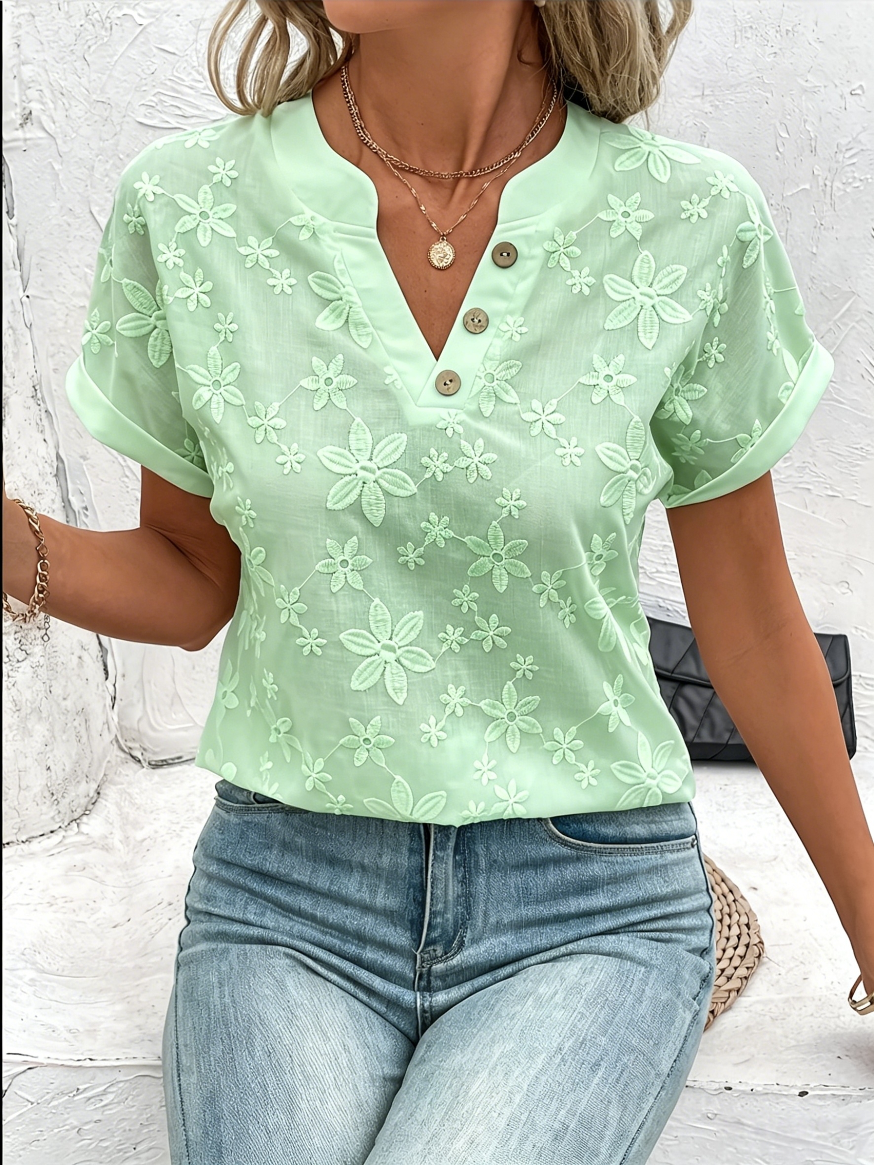 🔥CLEARANCE SALE🔥 Women's V-neck Short-sleeved Button-up Loose Floral Pattern Top