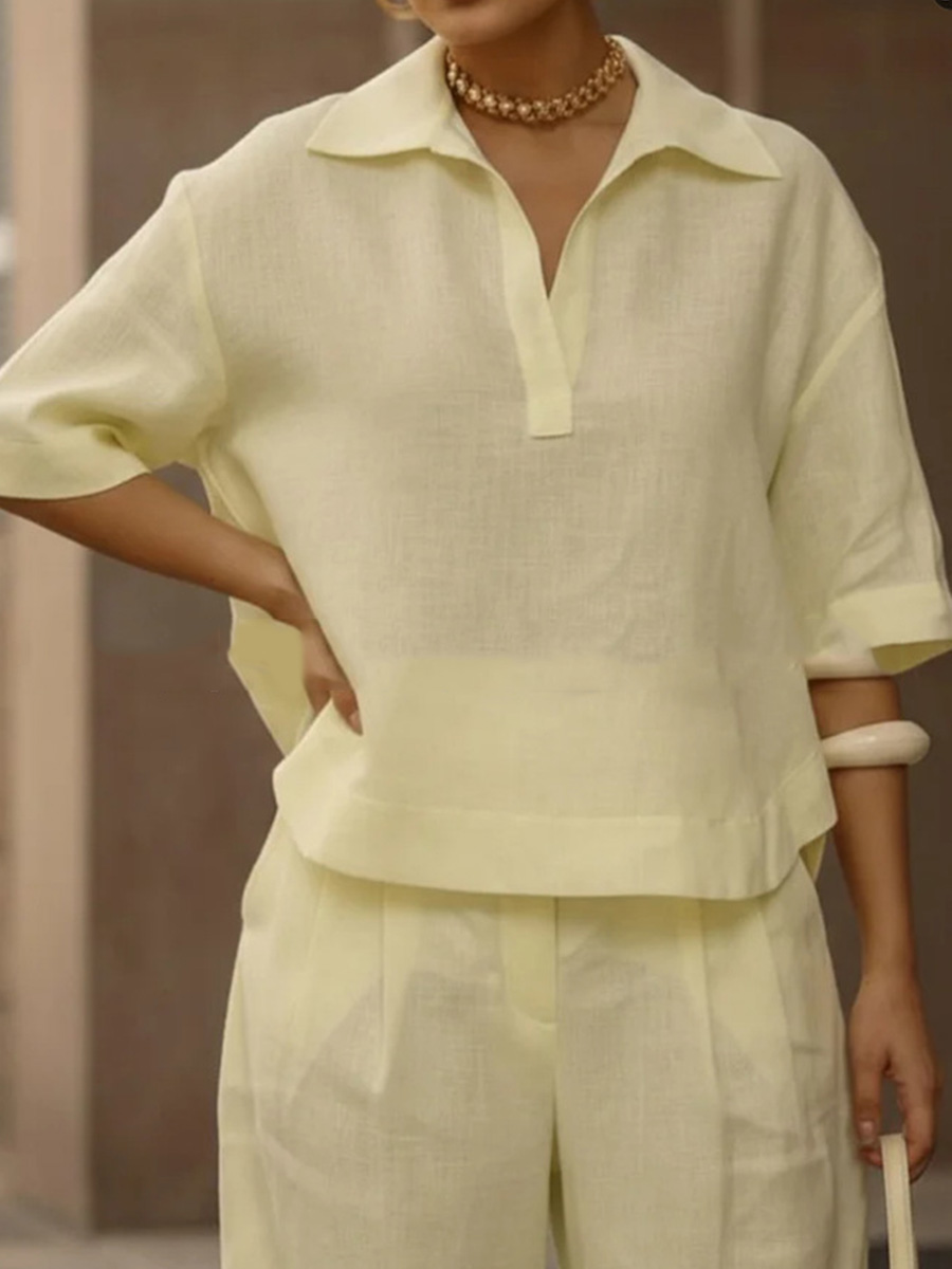 🎁New Arrivals🔥Solid Color Cotton And Linen Half Sleeves Lapel Blouses High Waisted Pants Two Pieces Set
