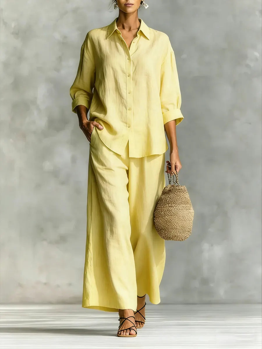Women's Simple Cotton And Linen Shirt Set