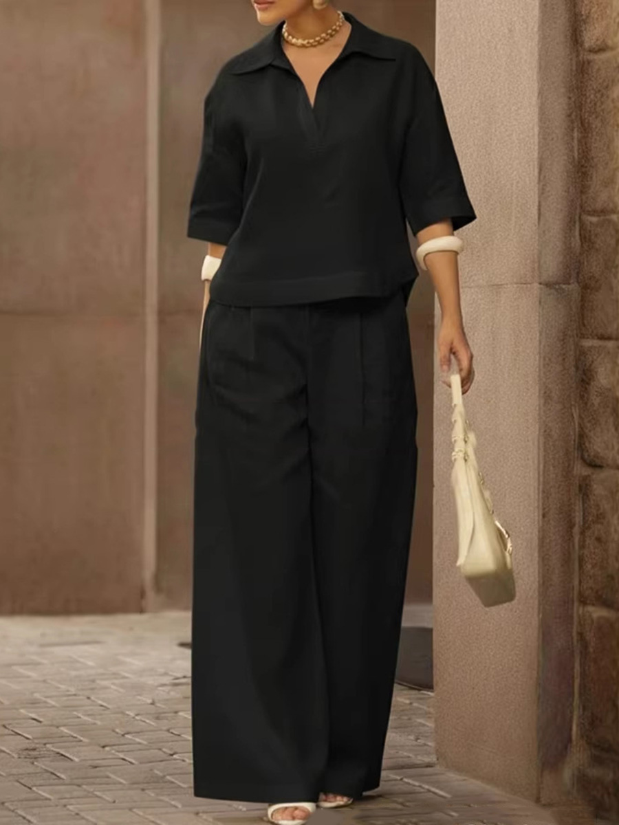 🎁New Arrivals🔥Solid Color Cotton And Linen Half Sleeves Lapel Blouses High Waisted Pants Two Pieces Set