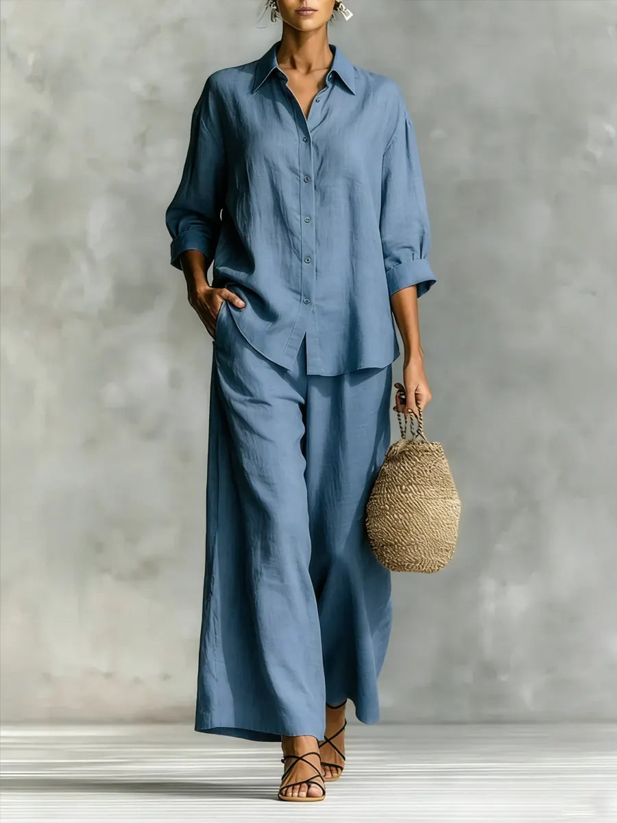 Women's Simple Cotton And Linen Shirt Set