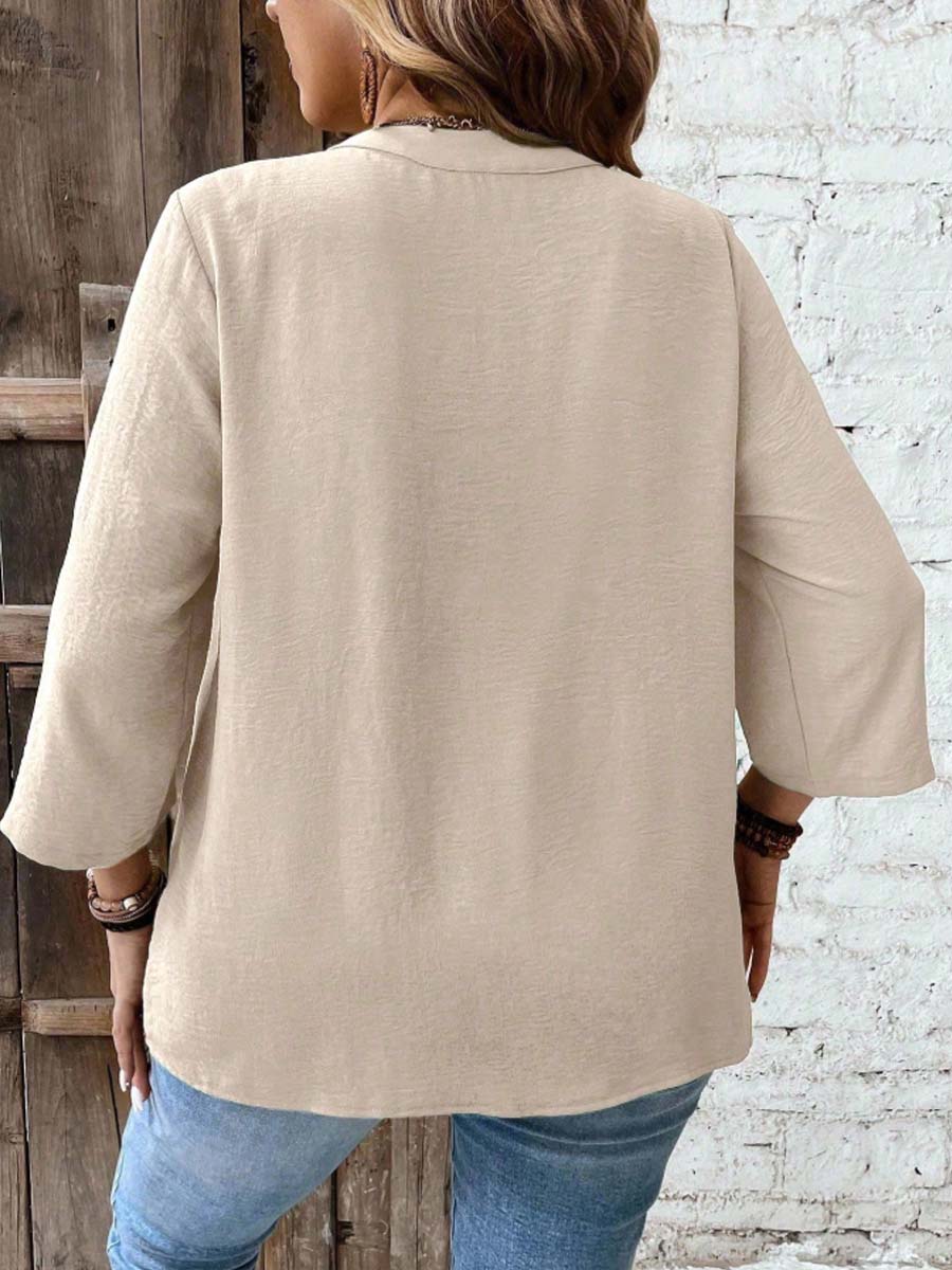 Women's Lace Splice 3/4 Sleeve V-neck Button Shirt Casual Vacation Shirt