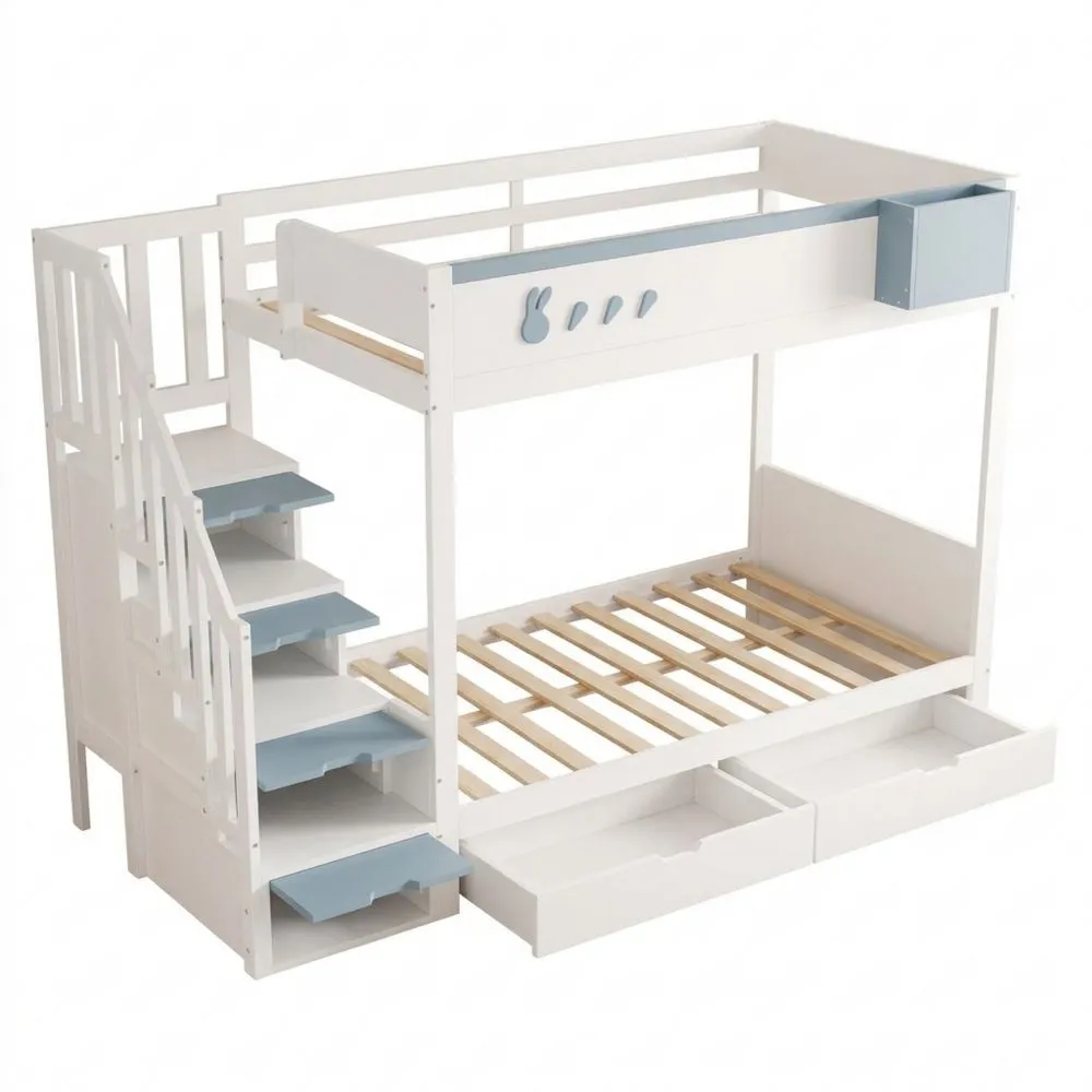 Litera Infantil 90 x 200 cm con Escalera de Almacenaje y 2 Cajones, Cama Segura con Diseño de Conejo y Zanahoria