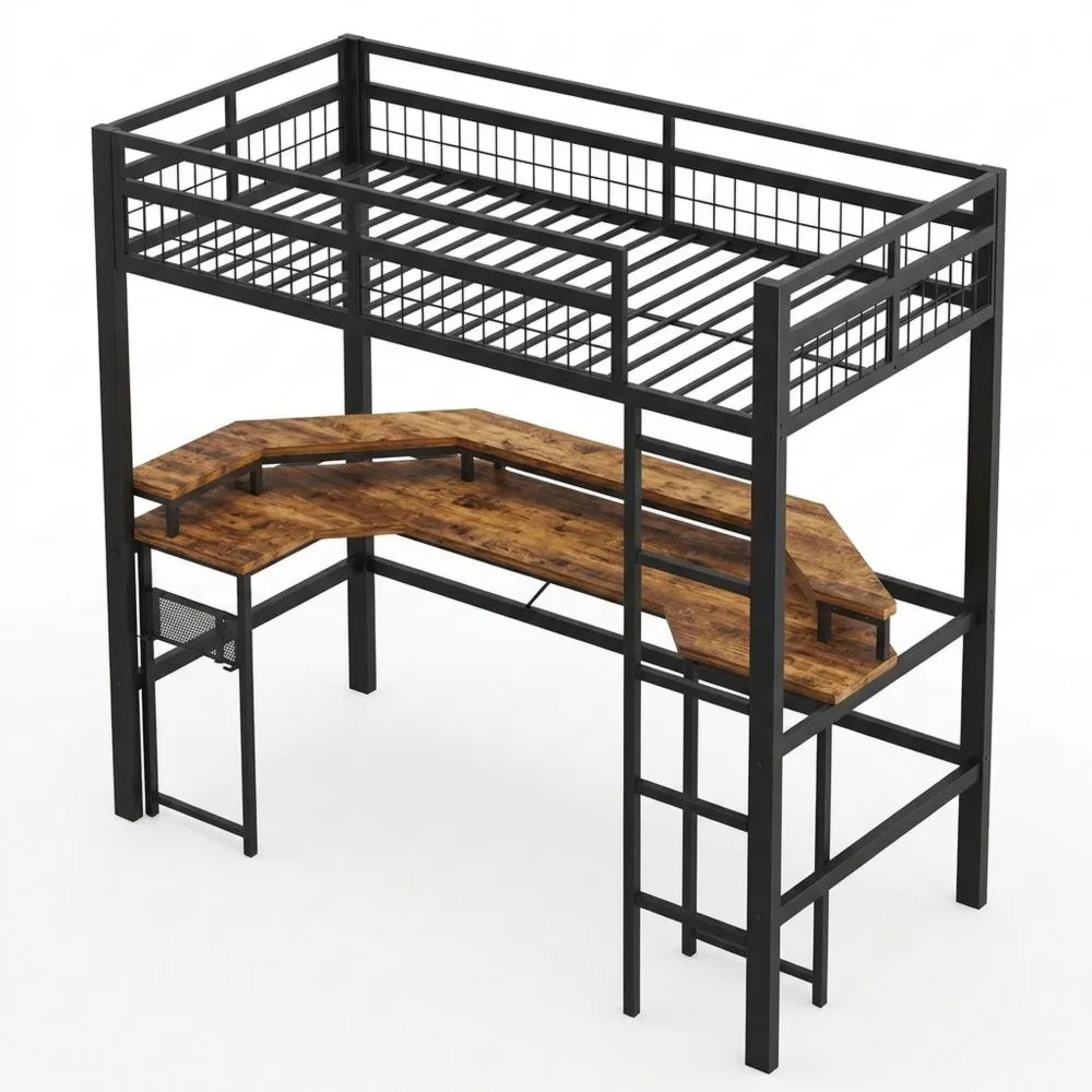 Cama Alta de Hierro 90 x 200 con Luz LED, Escritorio y Puertos USB+Tipo-C