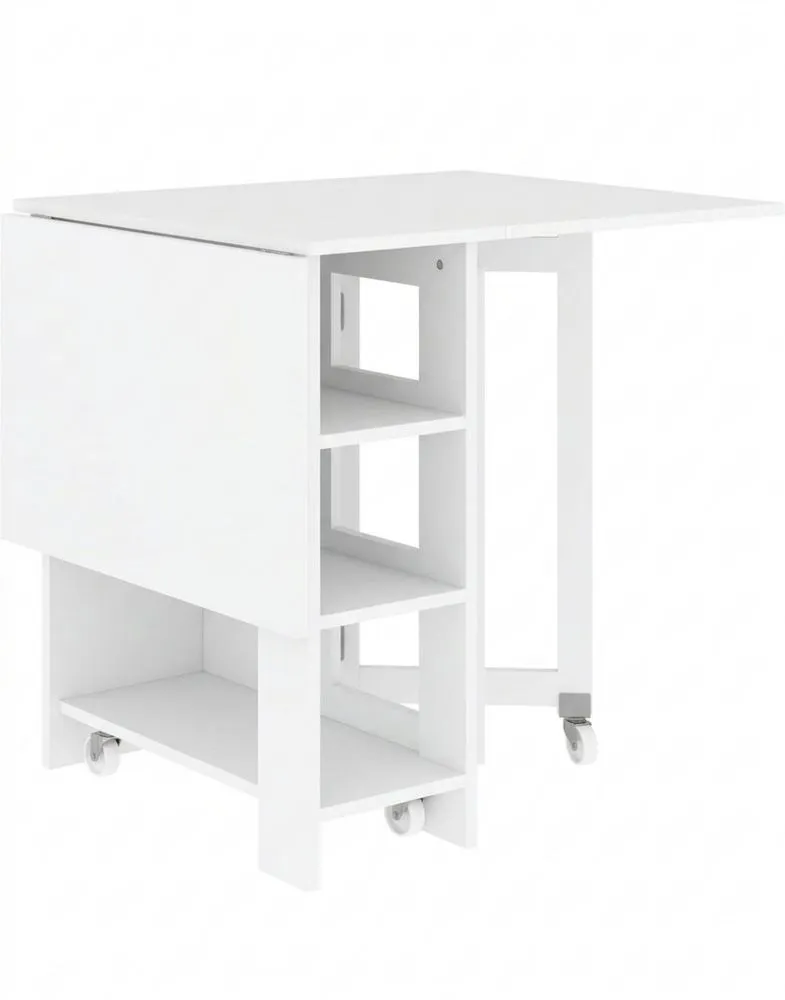 Mesa de comedor plegable con ruedas y estantes de 120x60x75 cm blanca