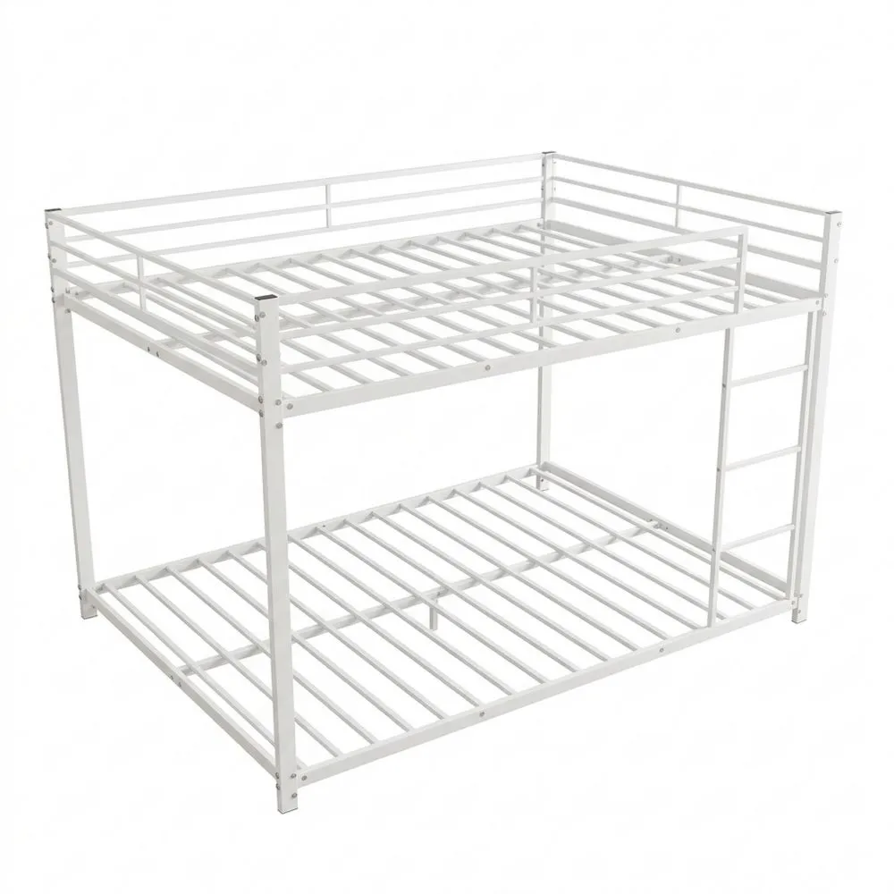 Camas de Litera Metálicas 140 x 200 cm, Cama Doble para Adultos con Base de Lamas y Valla Anticaída en Forma Clásica (Blanco)