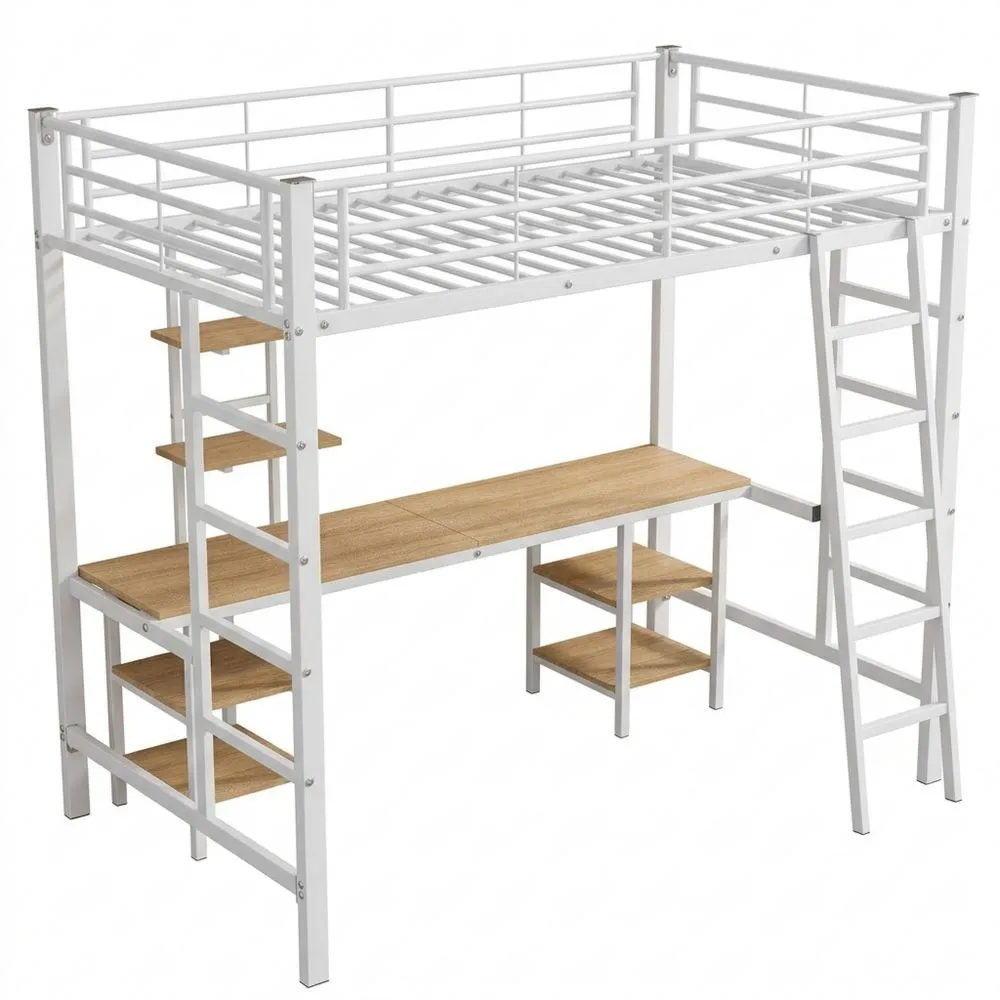 Cama Alta Infantil con Escritorio y Estantes de Almacenamiento, Cama Litera con Escaleras Laterales, Estructura de Metal, Sin Colchón (Blanco)