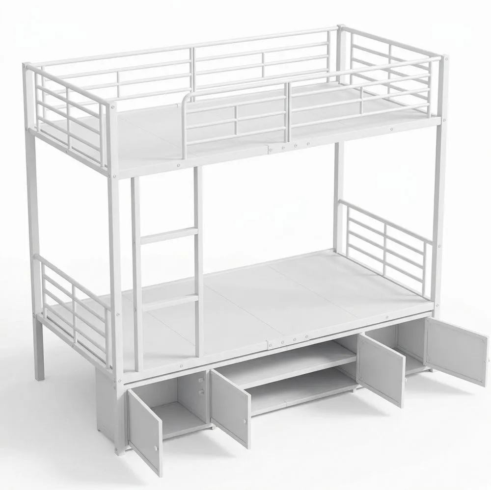 Cama Litera Infantil con Almacenamiento, Escalera Lateral y Barra de Seguridad, Blanca