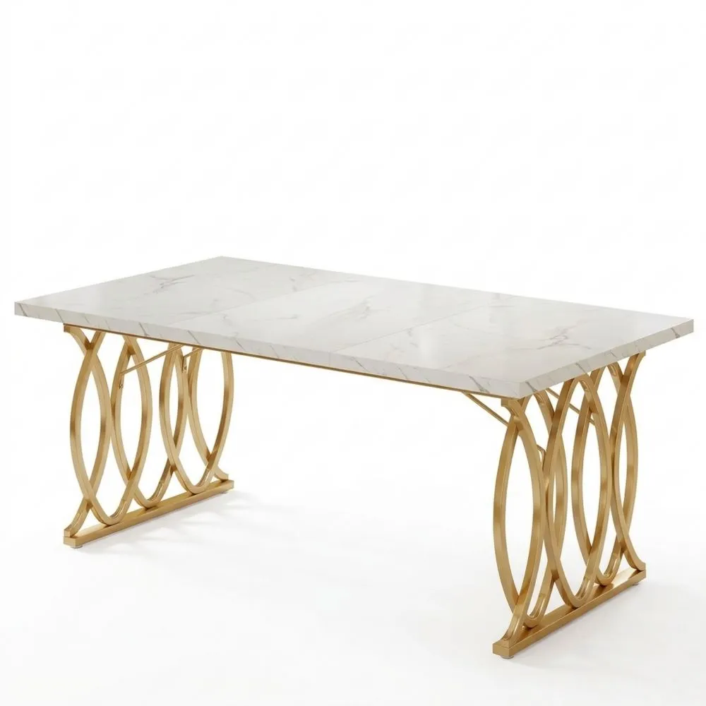 Mesa de comedor moderna para 6 personas, 160 x 80 x 75 cm, rectangular, para cocina y salón, diseño contemporáneo, blanco y dorado