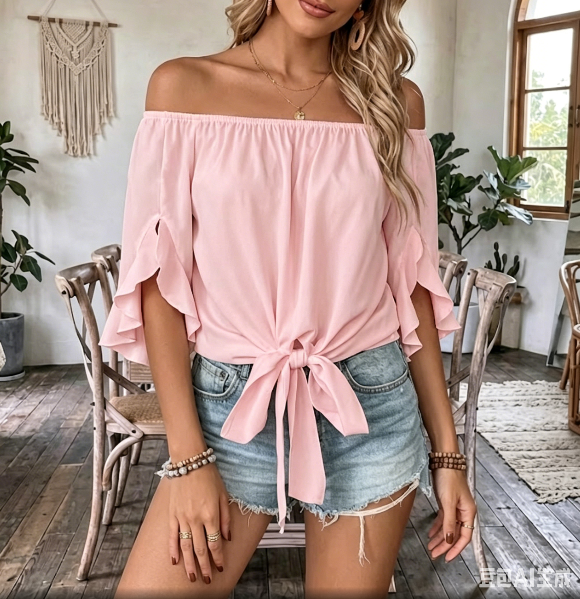 Women's Fashionable and Elegant Elastic Off-shoulder Top with Flared Cuffs and Tie-up Hem Short-sleeve Shirt