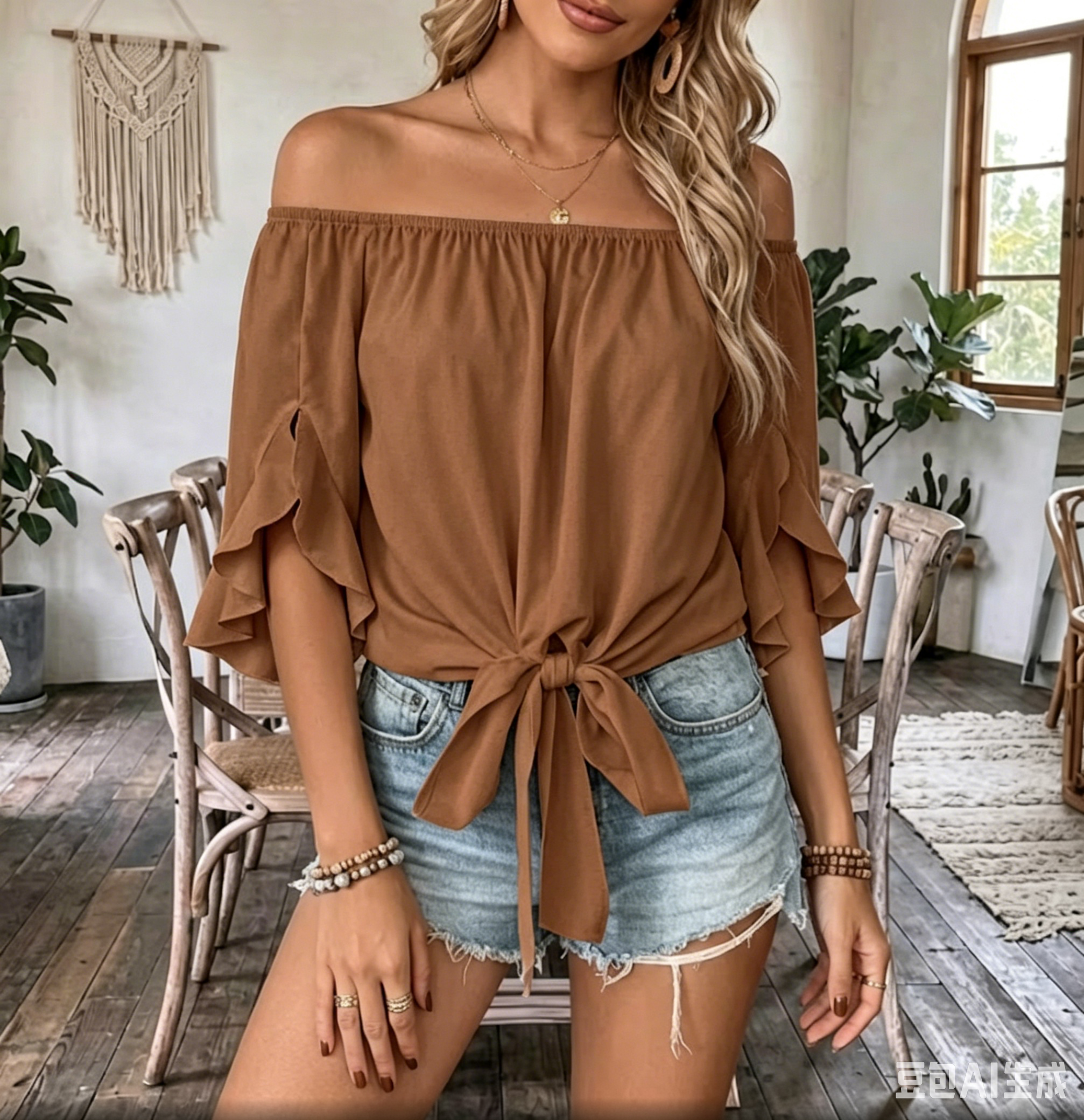 Women's Fashionable and Elegant Elastic Off-shoulder Top with Flared Cuffs and Tie-up Hem Short-sleeve Shirt
