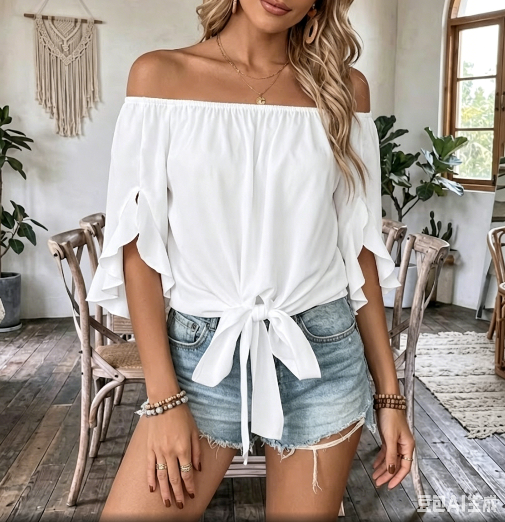 Women's Fashionable and Elegant Elastic Off-shoulder Top with Flared Cuffs and Tie-up Hem Short-sleeve Shirt