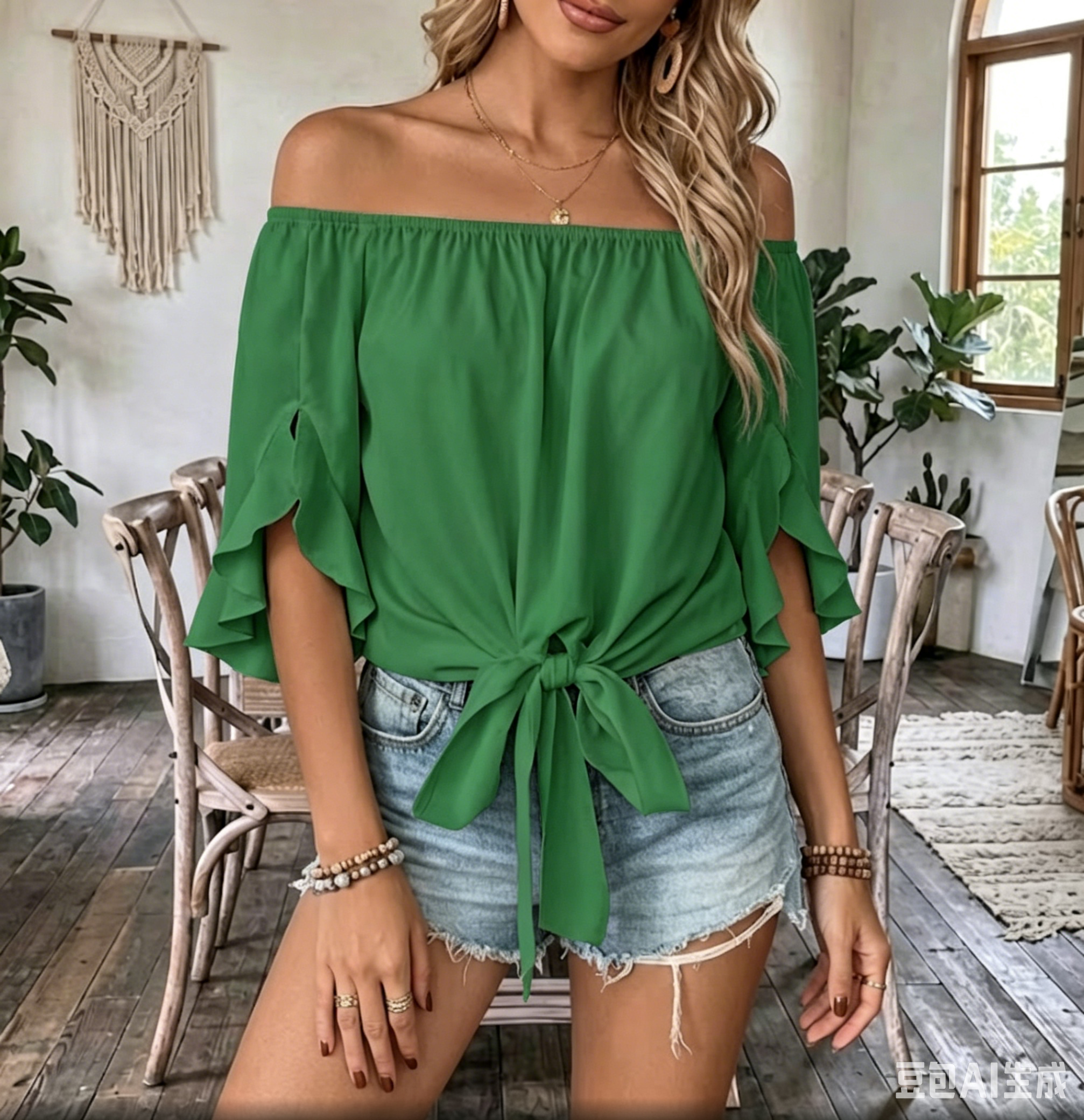 Women's Fashionable and Elegant Elastic Off-shoulder Top with Flared Cuffs and Tie-up Hem Short-sleeve Shirt