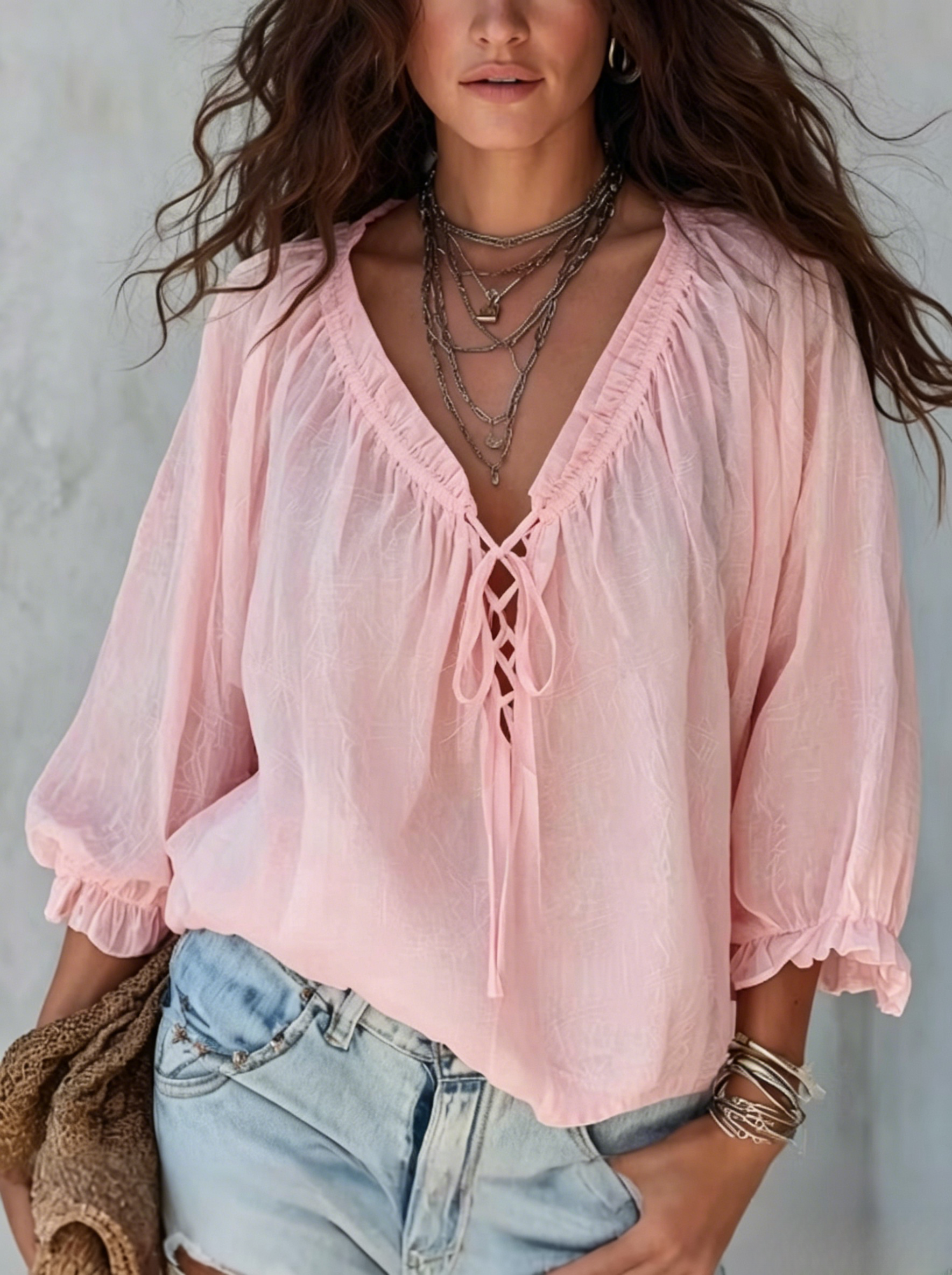 Retro Ruffled V-neck Tie-front Blouse