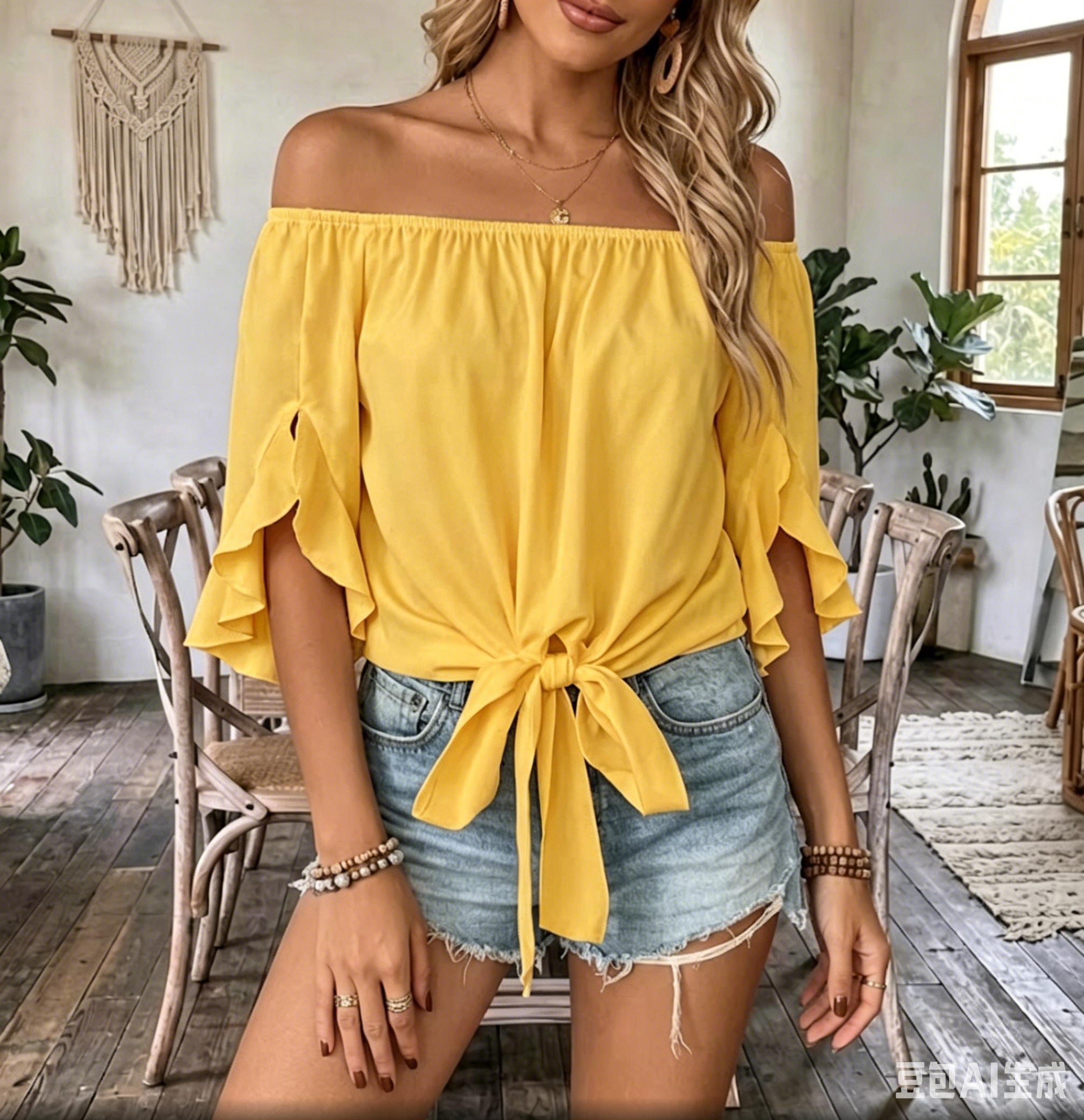 Women's Fashionable and Elegant Elastic Off-shoulder Top with Flared Cuffs and Tie-up Hem Short-sleeve Shirt